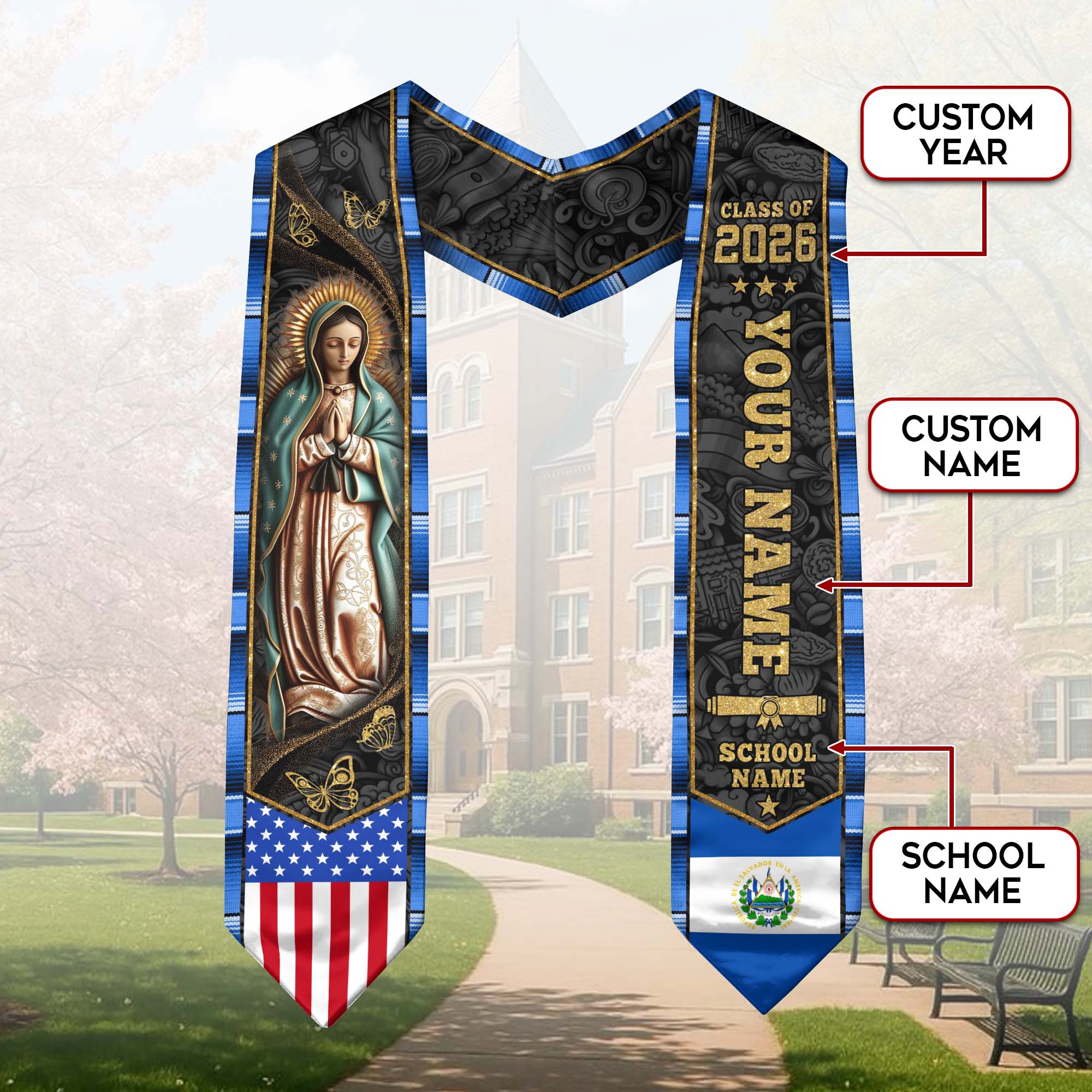Salvadoran Flag Graduation Sash 2026, El Salvador Graduation Stole, Bespoke Touch