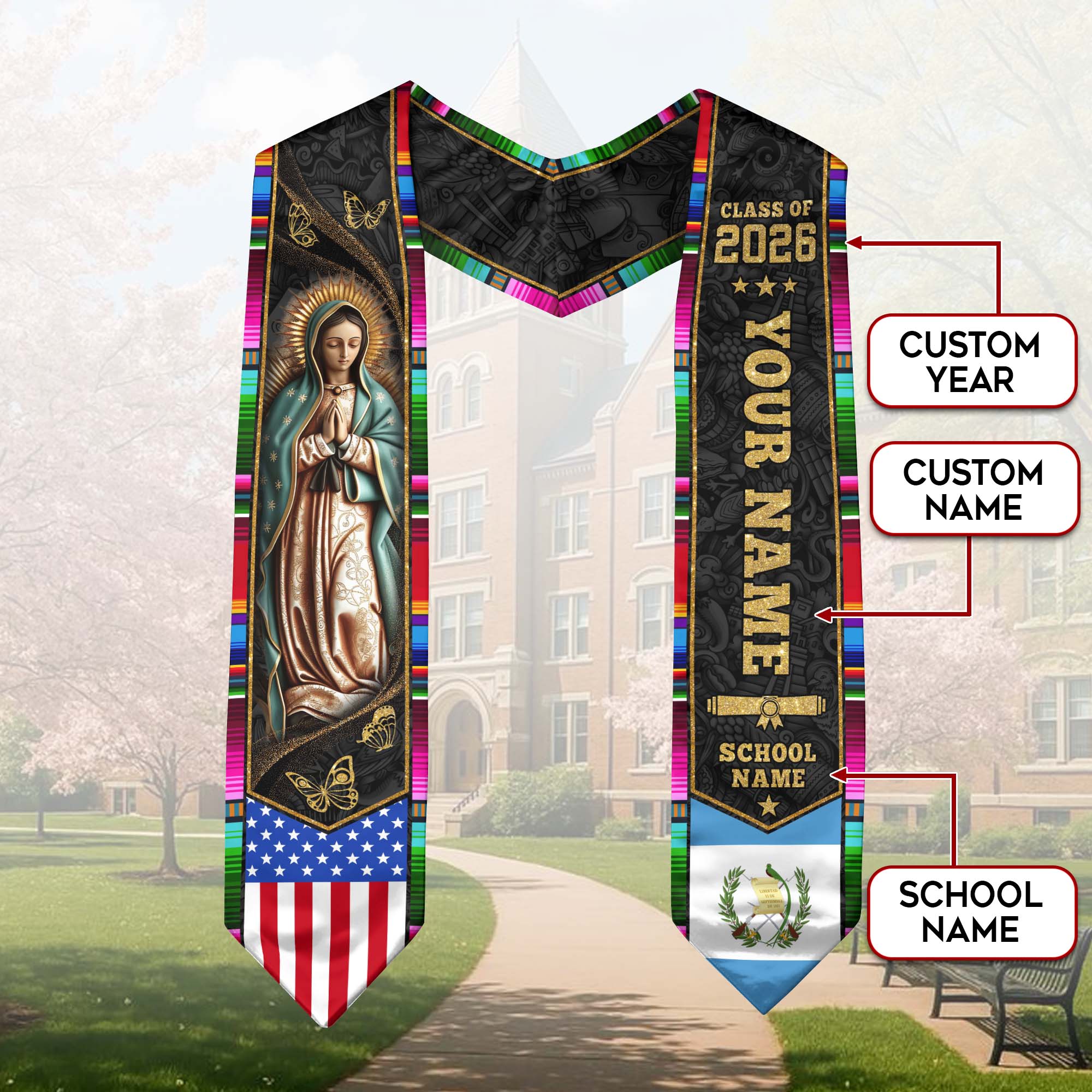 Guatemalan Flag Graduation Sash 2026, Guatemala Grad Stole, Custom Accent Detail