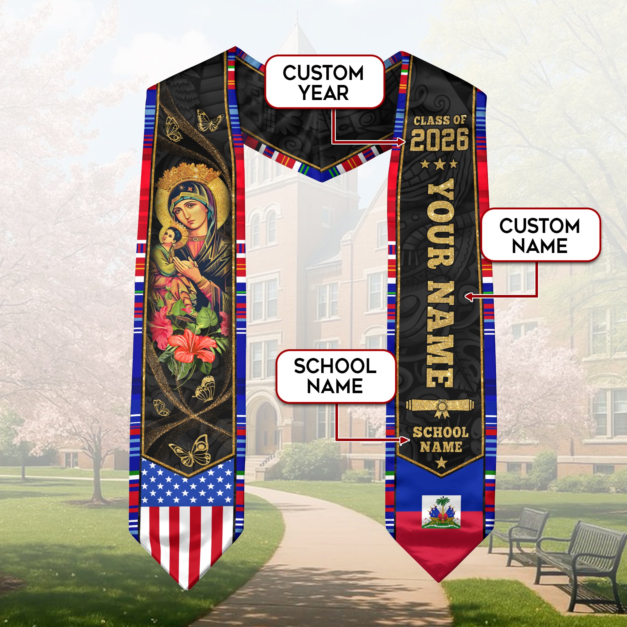 Haitian Flag Graduation Sash 2026, Haiti Graduation Stole, Bespoke Touch for Grads