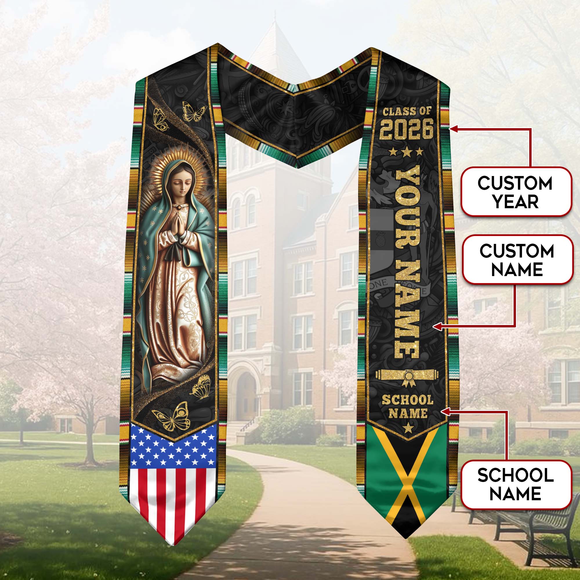 Jamaican Flag Graduation Sash 2026, Jamaica Graduation Stole, Custom Detail for Grads