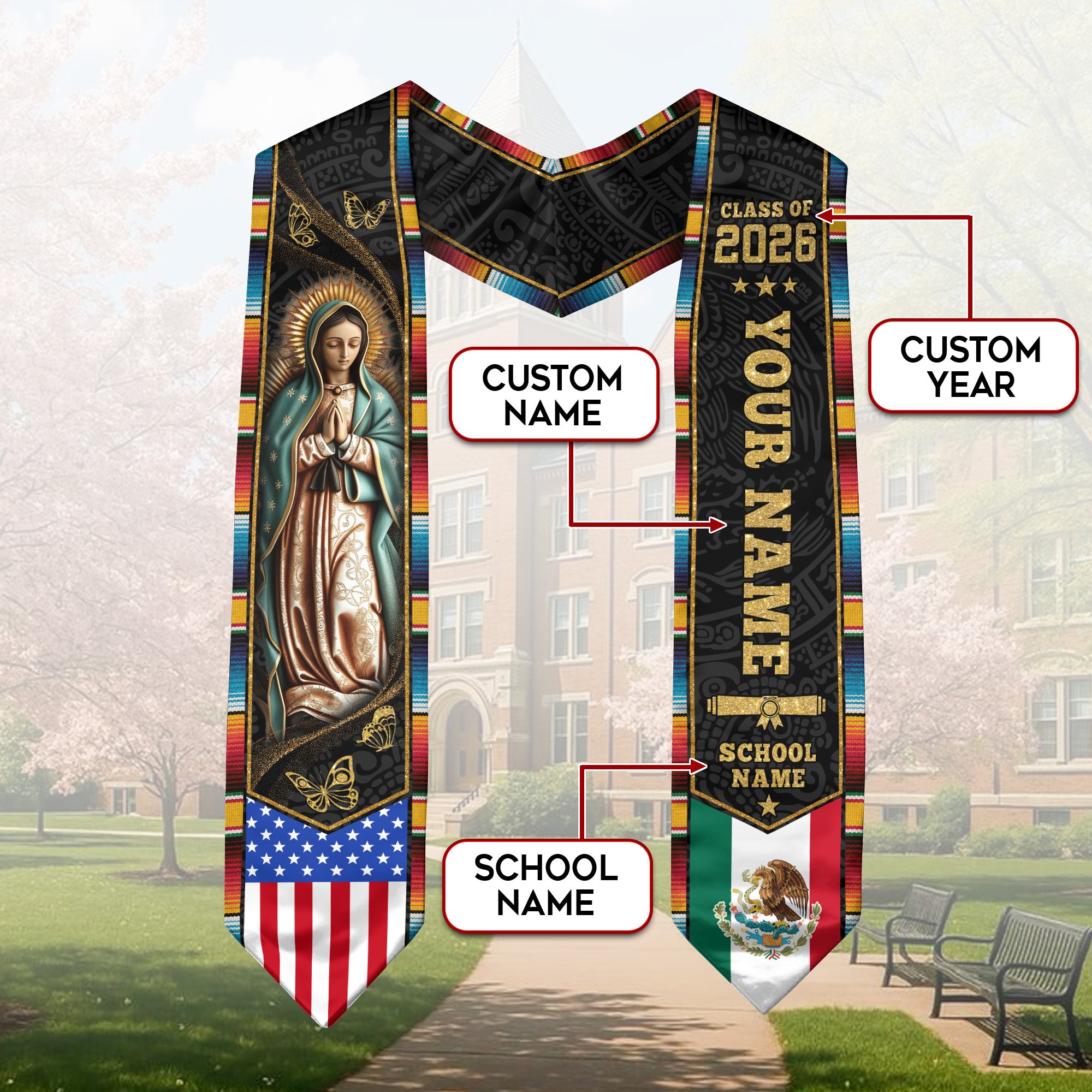 Mexican American Flag Stole 2026, Mexican Graduation Sash, Mexico Graduation Stole Gift