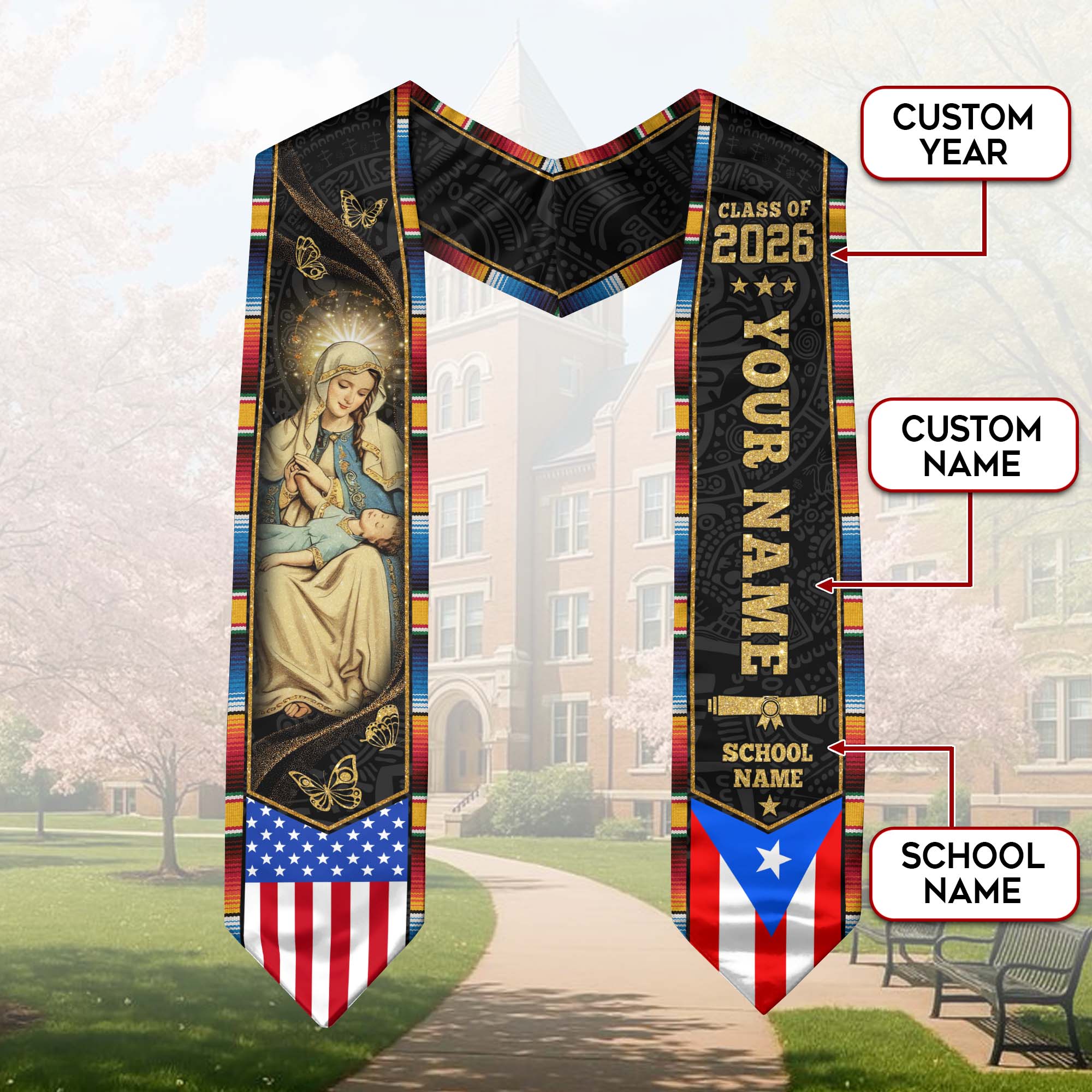 Puerto Rican Flag Graduation Sash 2026, Puerto Rico Graduation Stole, Bespoke Touch