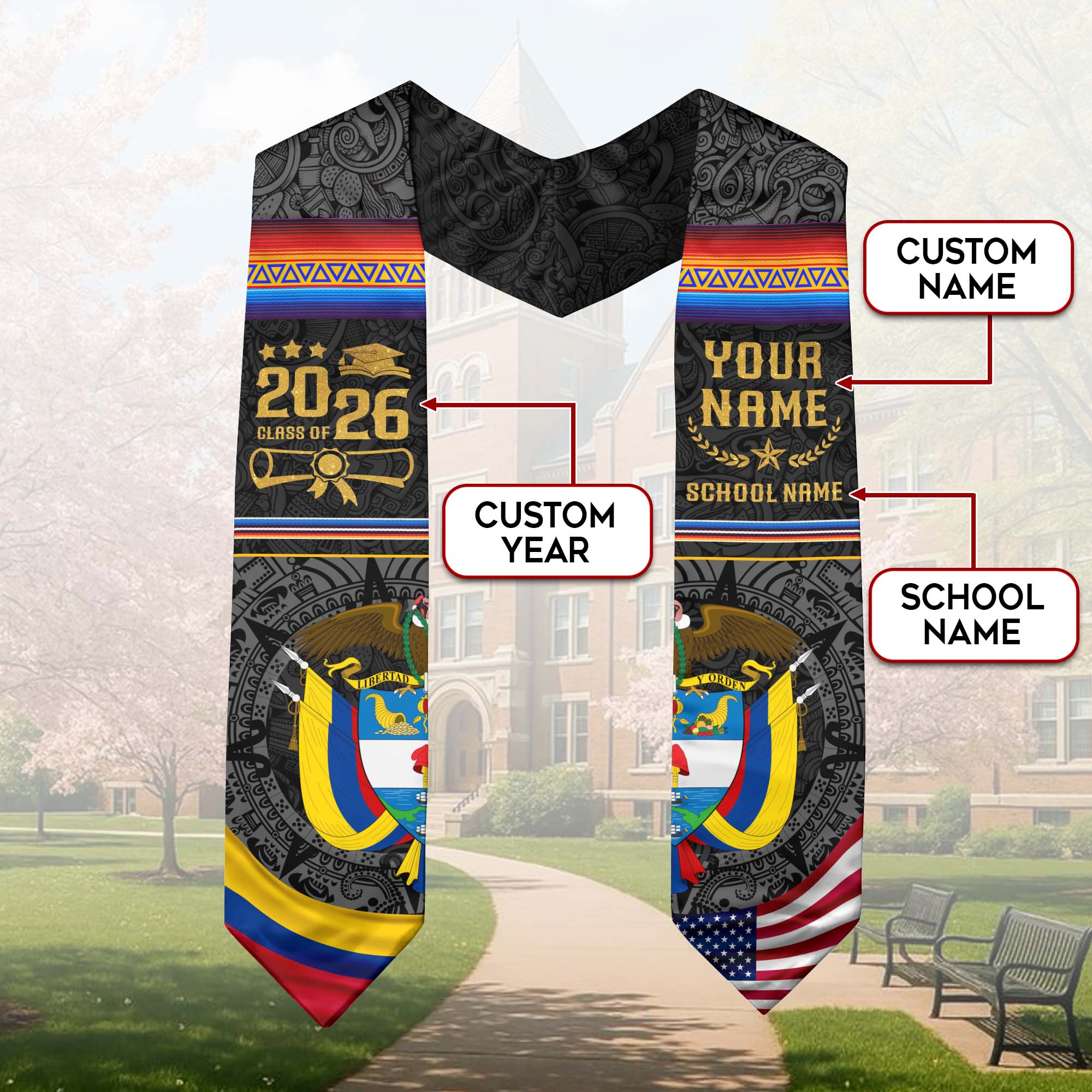 Colombia Flag Graduation Sash 2026, Colombian Stole for Graduates, Personalized 2026