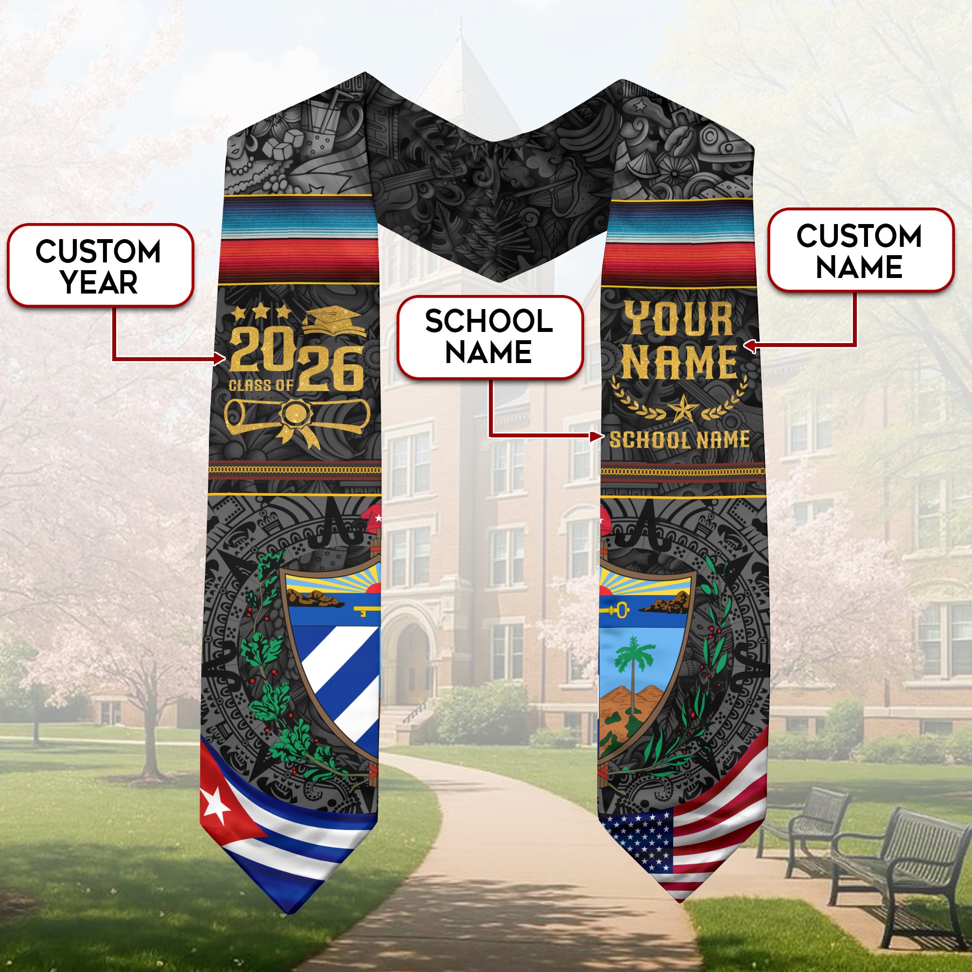 Cuba Flag Graduation Stole 2026, Cuban Grad Sash, Signature Finish for Class of 2026