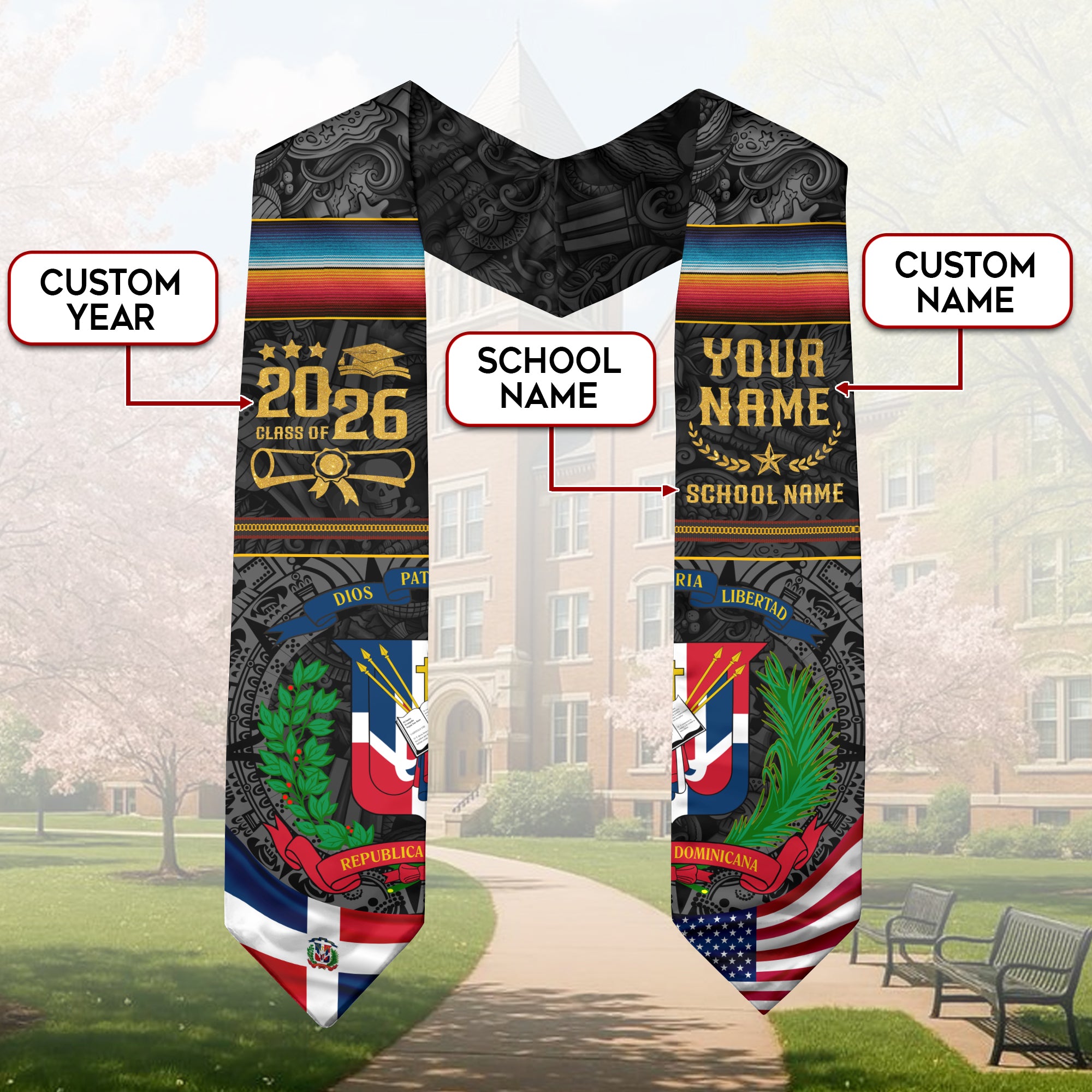 Dominican Flag Graduation Stole 2026, Dominican Grad Sash, Signature Finish for 2026
