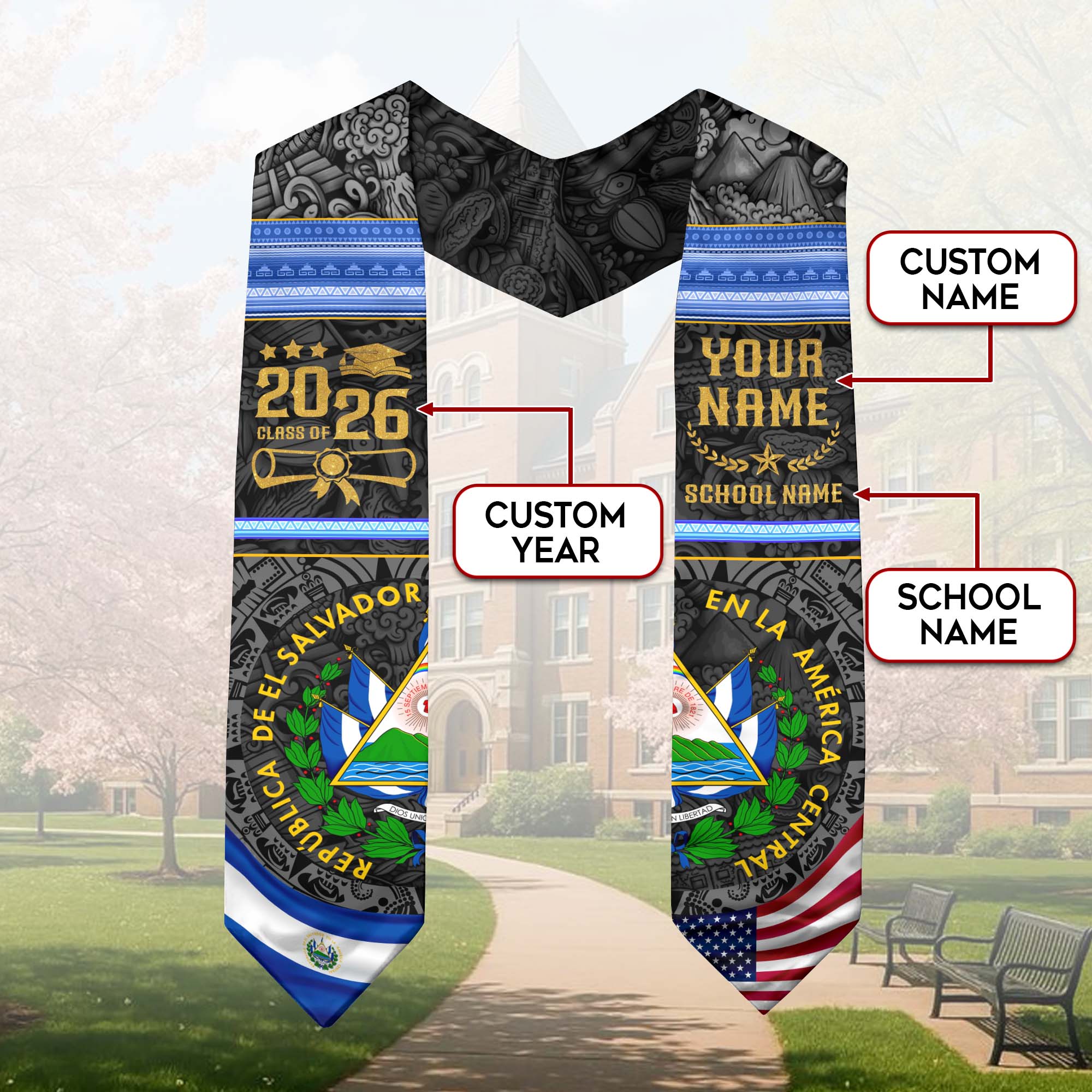 El Salvador Flag Graduation Stole 2026, Salvadoran Grad Sash, Signature Finish for 2026
