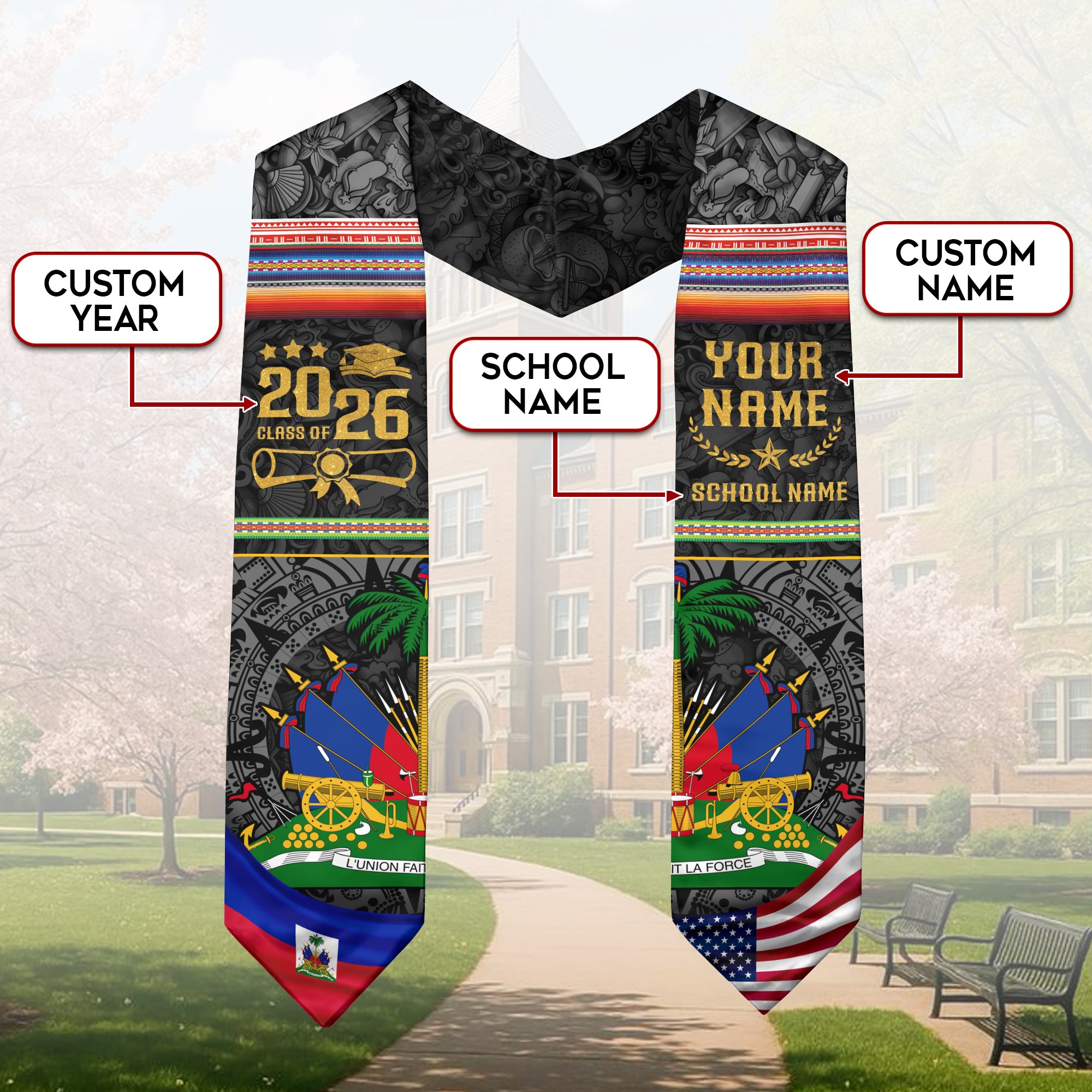 Haiti Flag Graduation Stole 2026, Haitian Grad Sash, Signature Finish for 2026 Grads