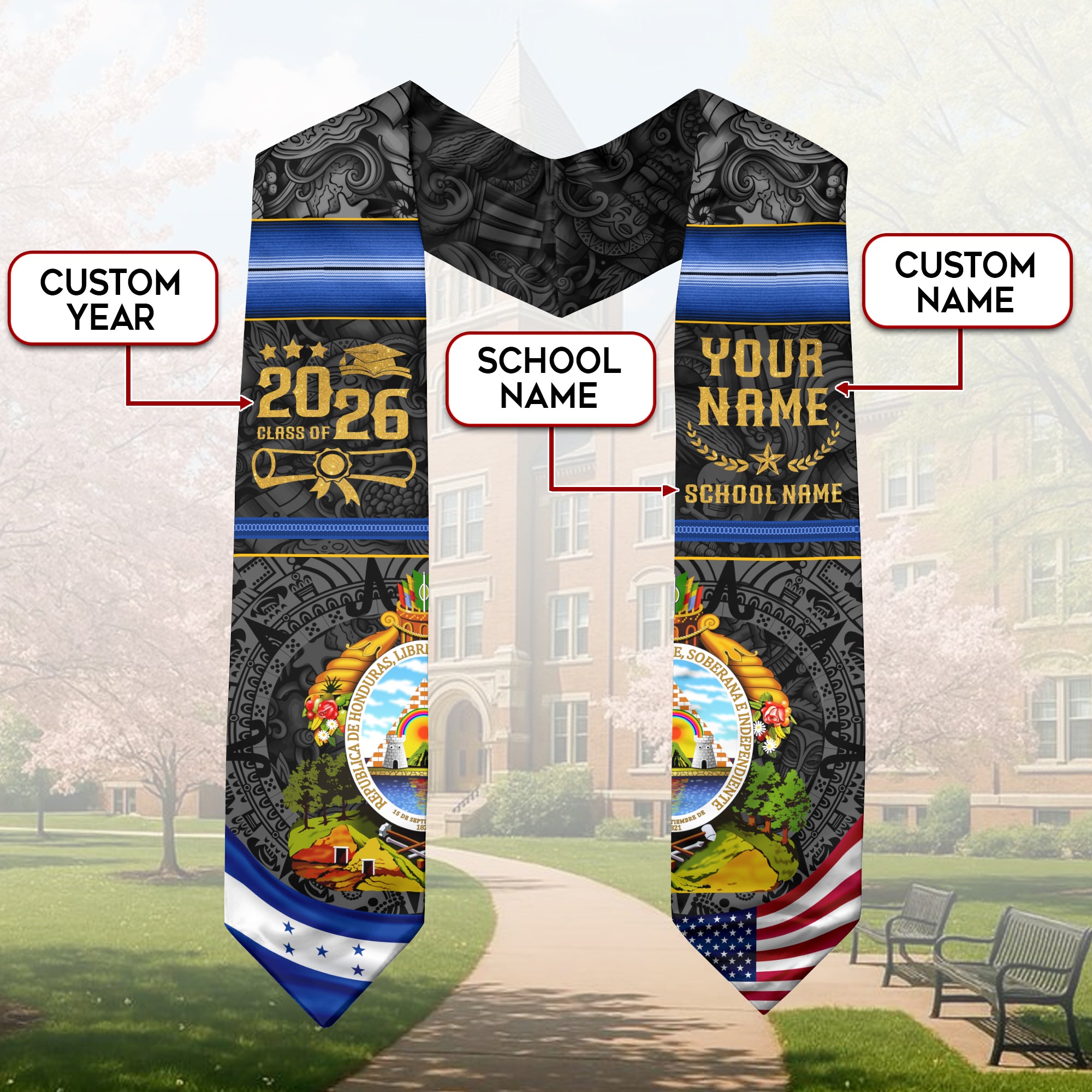 Honduras Flag Graduation Stole 2026, Honduran Grad Sash, Signature Finish for 2026