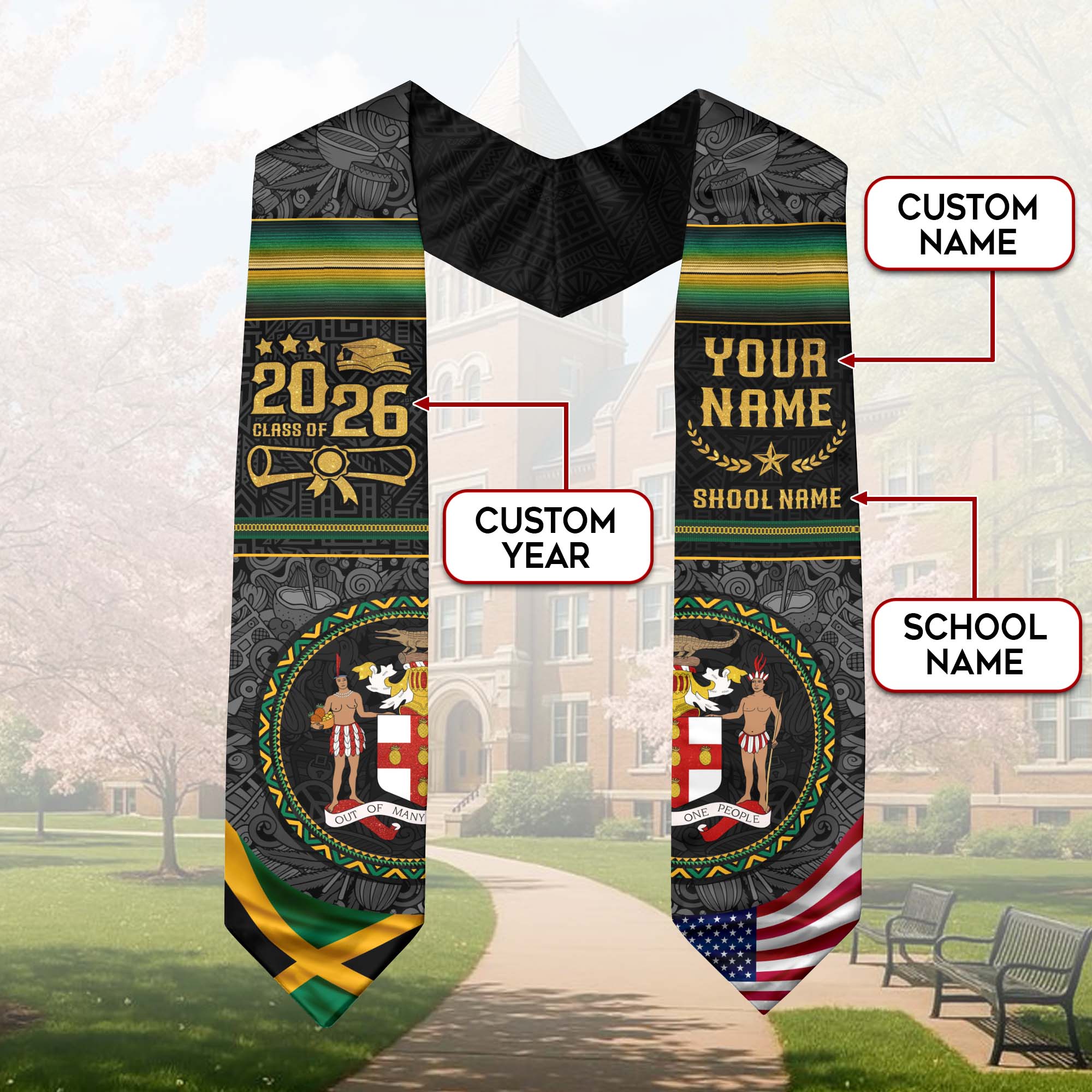 Jamaica Graduation Sash 2026, Jamaican Flag Graduation Stole, Custom Accent for 2026