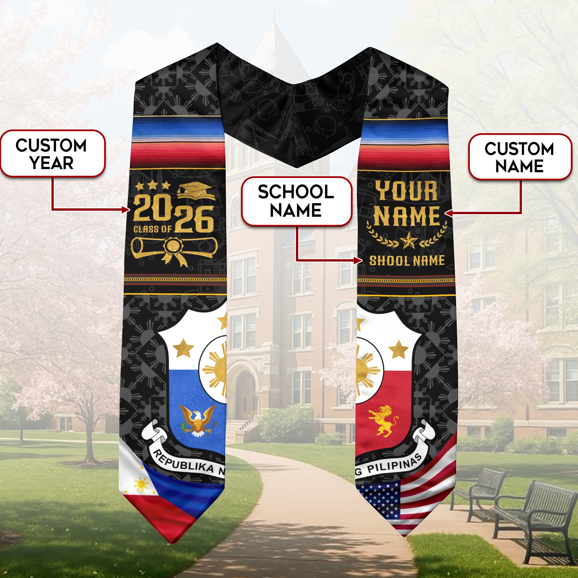 Philippines Flag Graduation Stole 2026, Filipino Grad Sash, Signature Custom Finish 2026