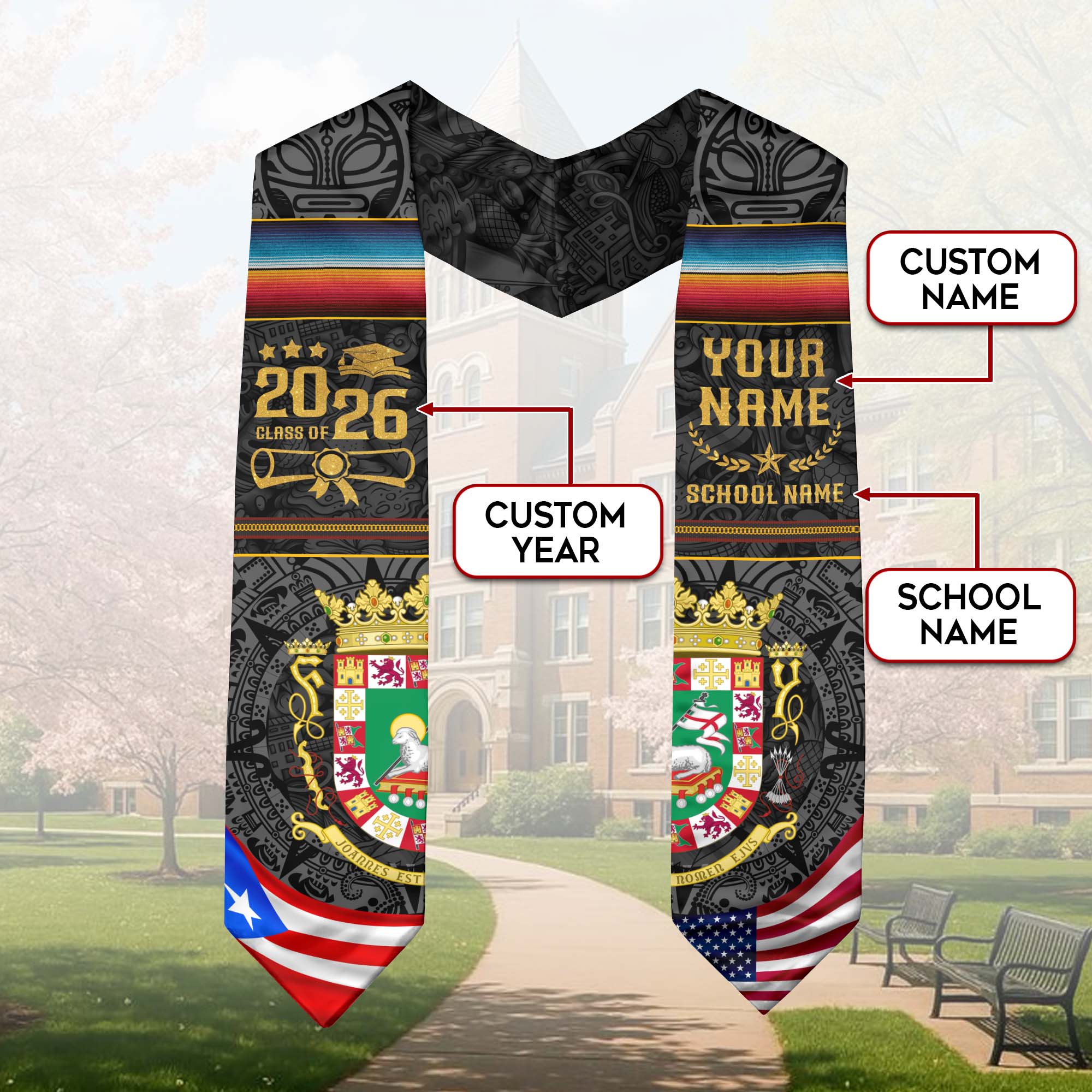 Puerto Rico Flag Graduation Stole 2026, Puerto Rican Grad Sash, Signature Finish for 2026