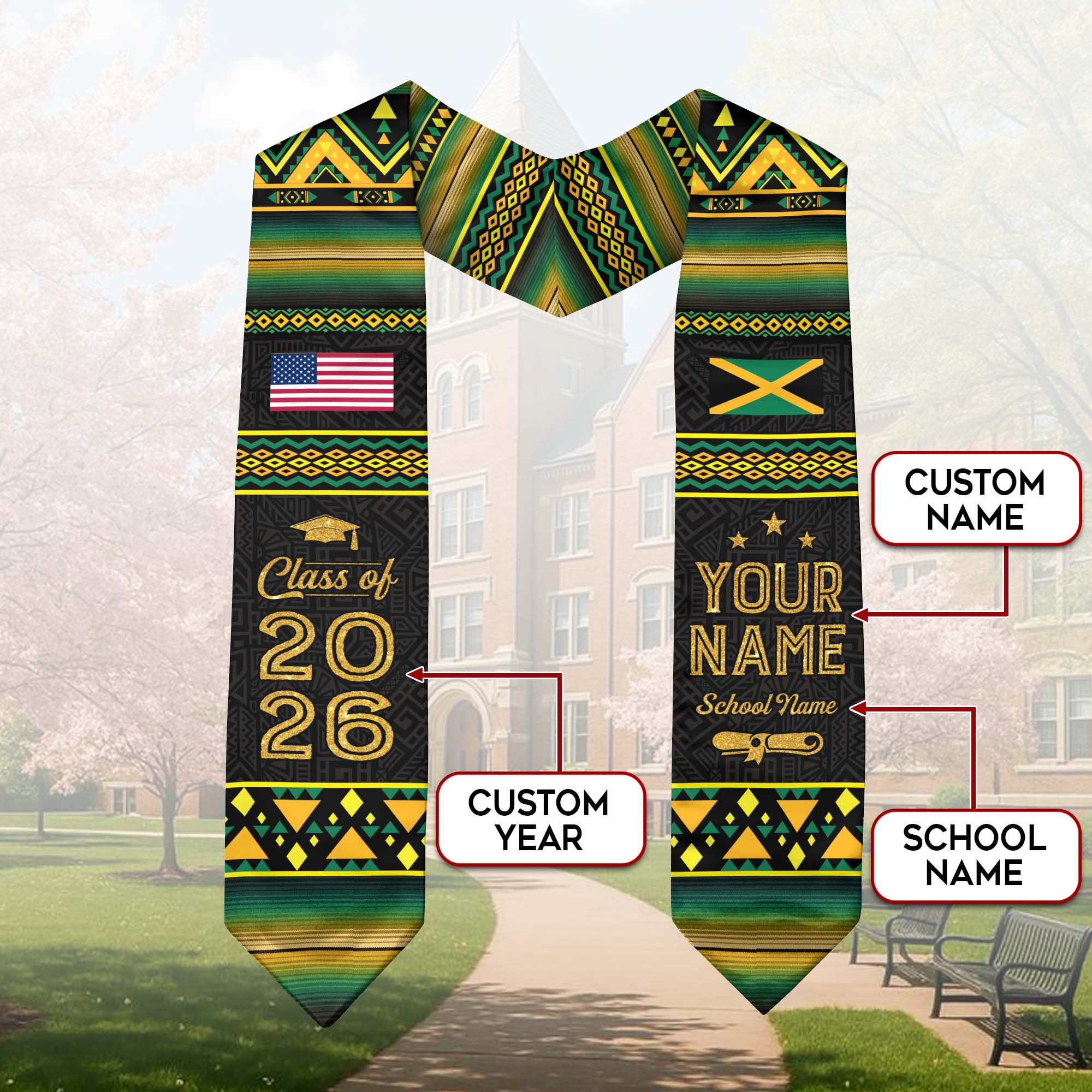 Jamaican Flag Graduation Stole 2026, Jamaica Stole Sash, Custom Finish for Graduates
