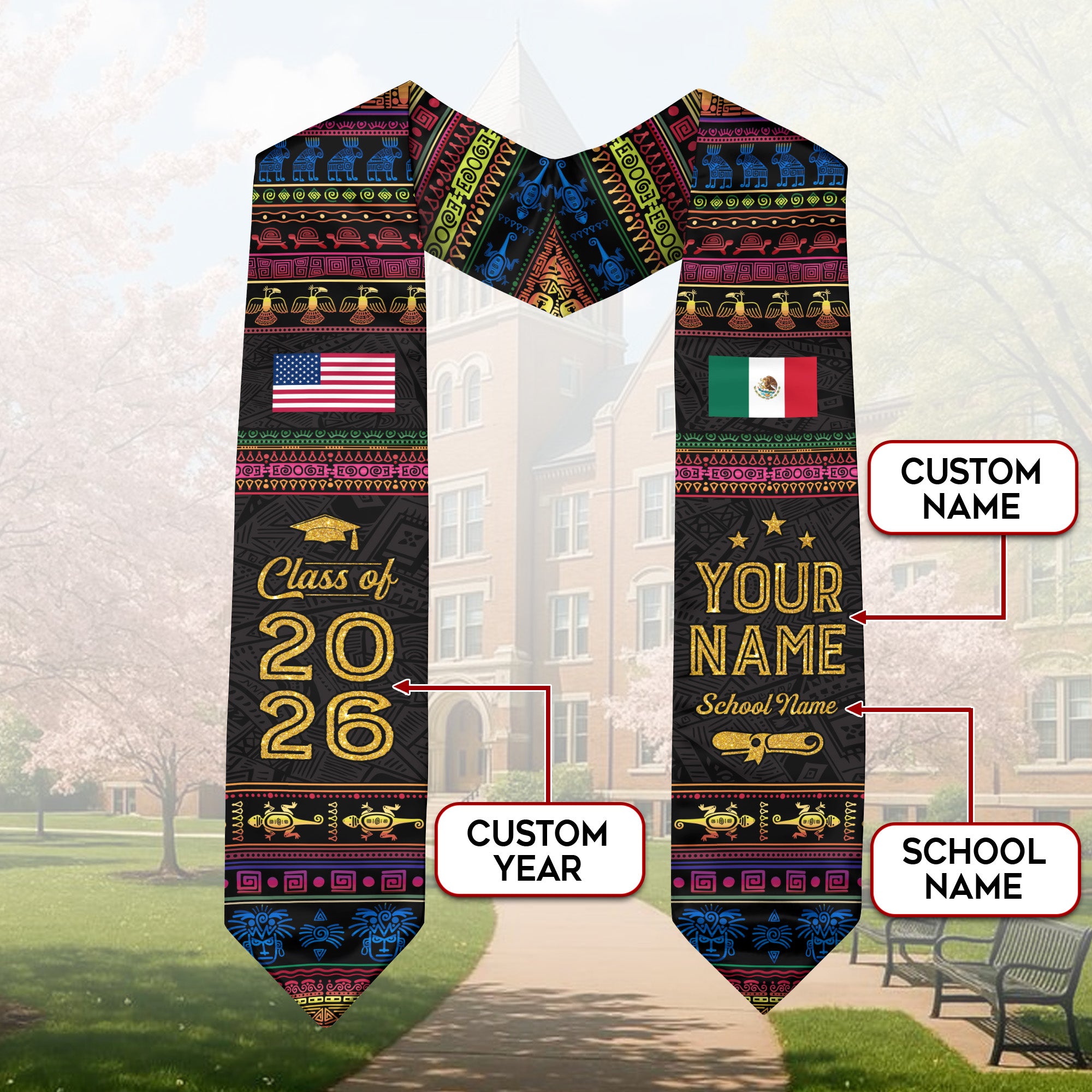 Mexican Graduation Sash 2026, Mexico Graduation Stole, Mexican American Flag Stole 2026