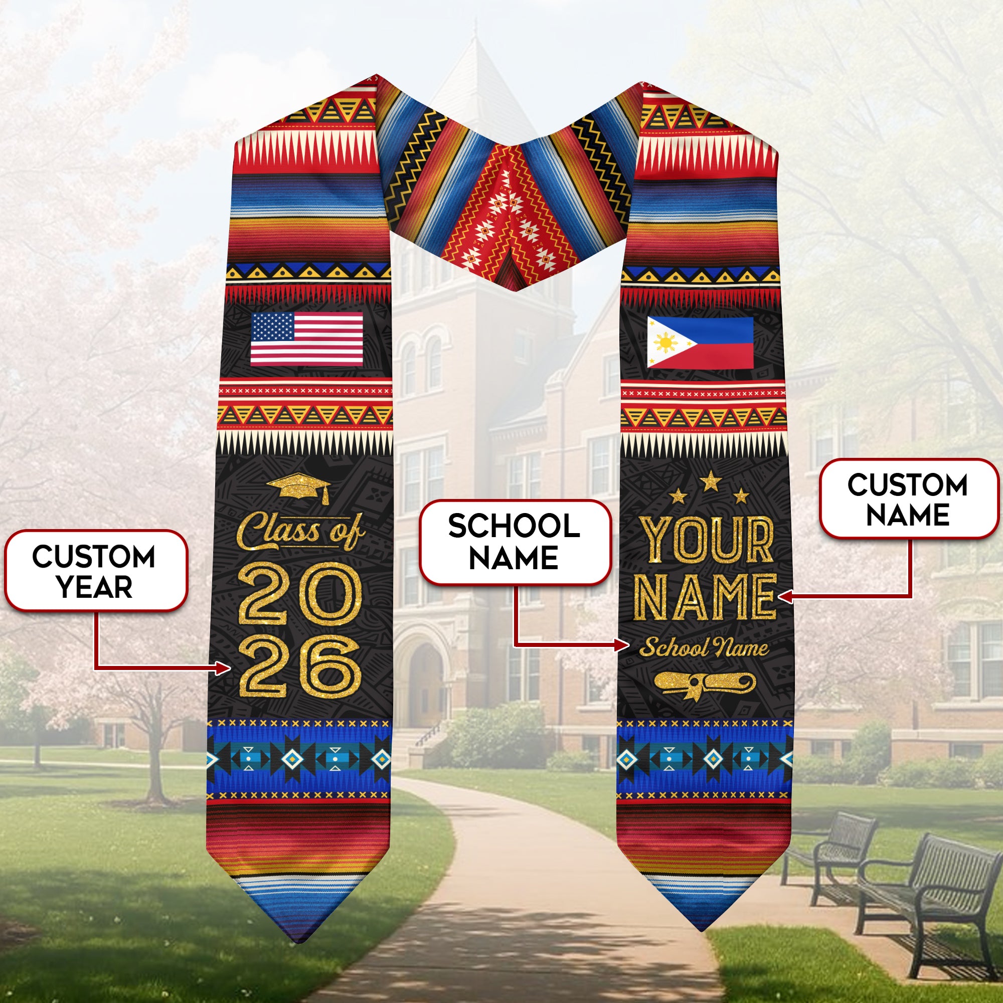 Filipino Graduation Sash 2026, Philippines Flag Graduation Stole, Personalized Detail