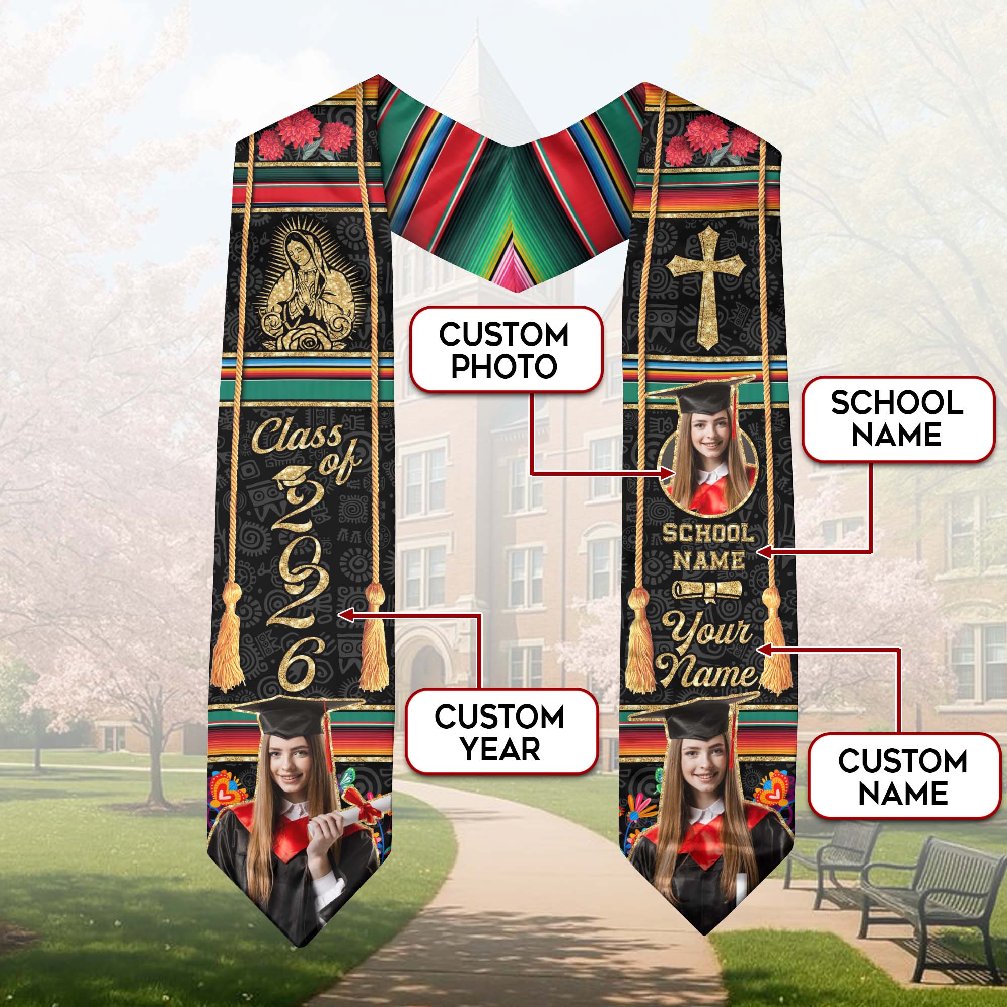Mexican Graduation Stole 2026, Mexico Flag Sash, Custom Trim Option for Class of 2026