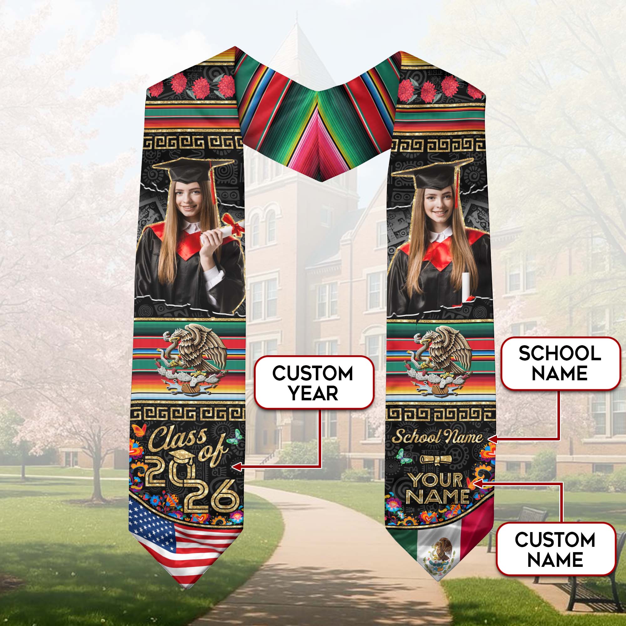 Mexico Flag Graduation Sash 2026, Mexican Grad Stole, Custom Accent Detail for Grads