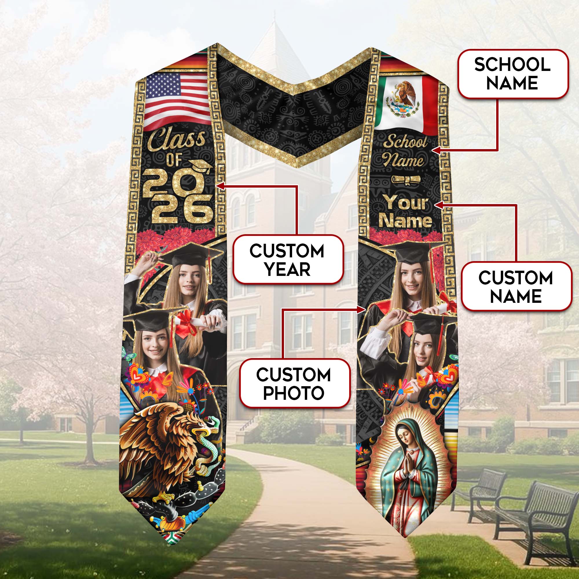 Mexico Graduation Sash 2026, Mexican Flag Graduation Stole, Custom Finish for Graduates