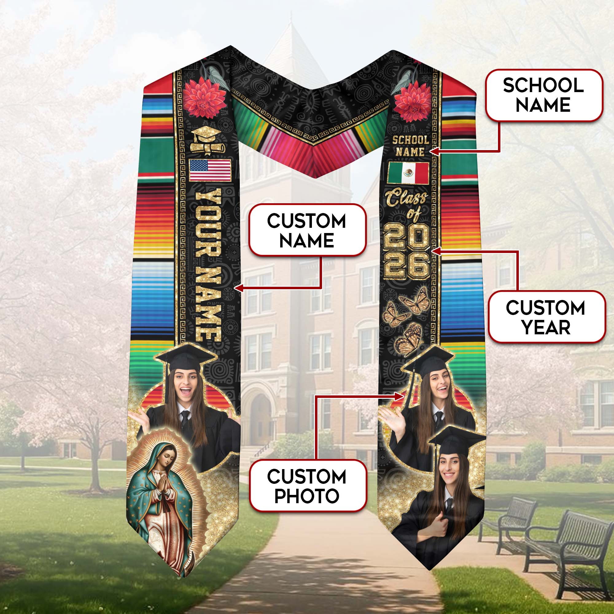 Mexican Flag Graduation Stole 2026, Mexico Stole Sash, Custom Detail Choice for 2026