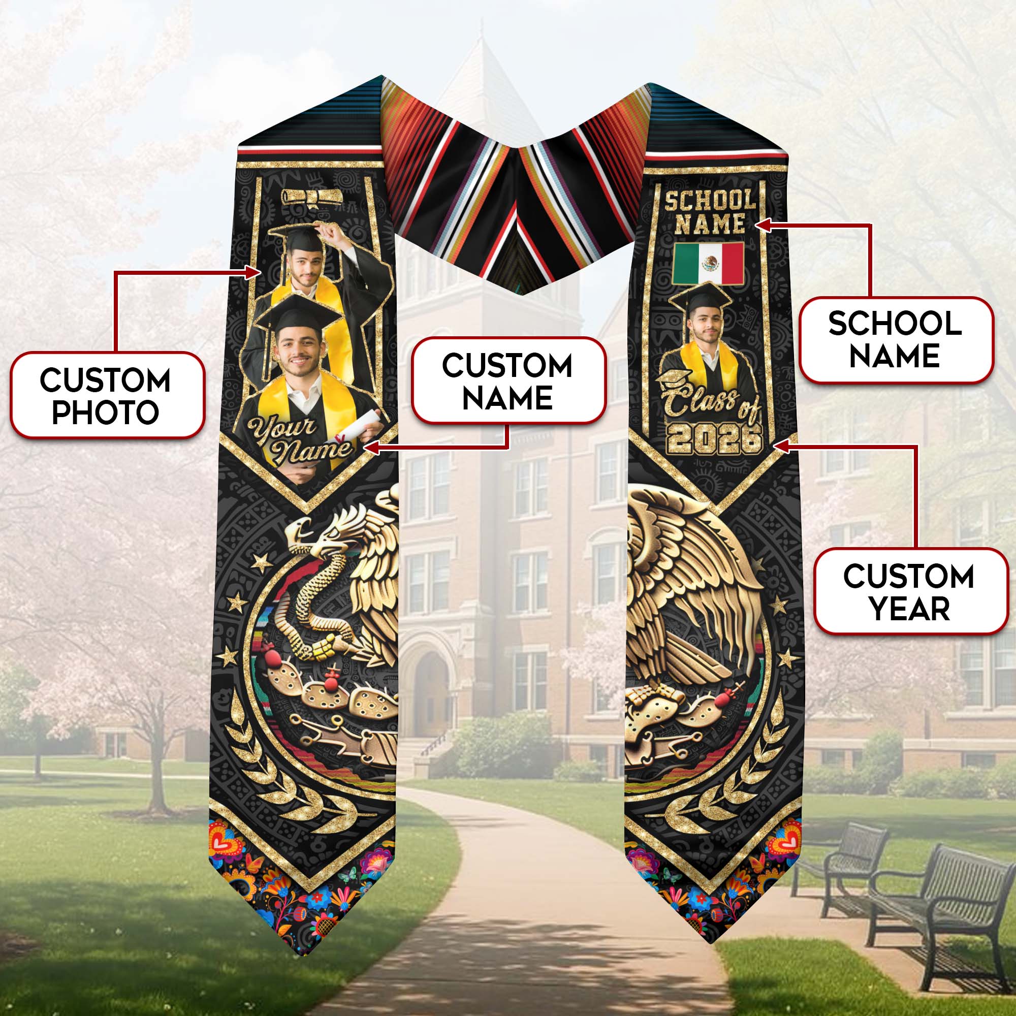 Mexico Graduation Stole 2026, Mexican Flag Sash, Graduation Stole with Custom Accent
