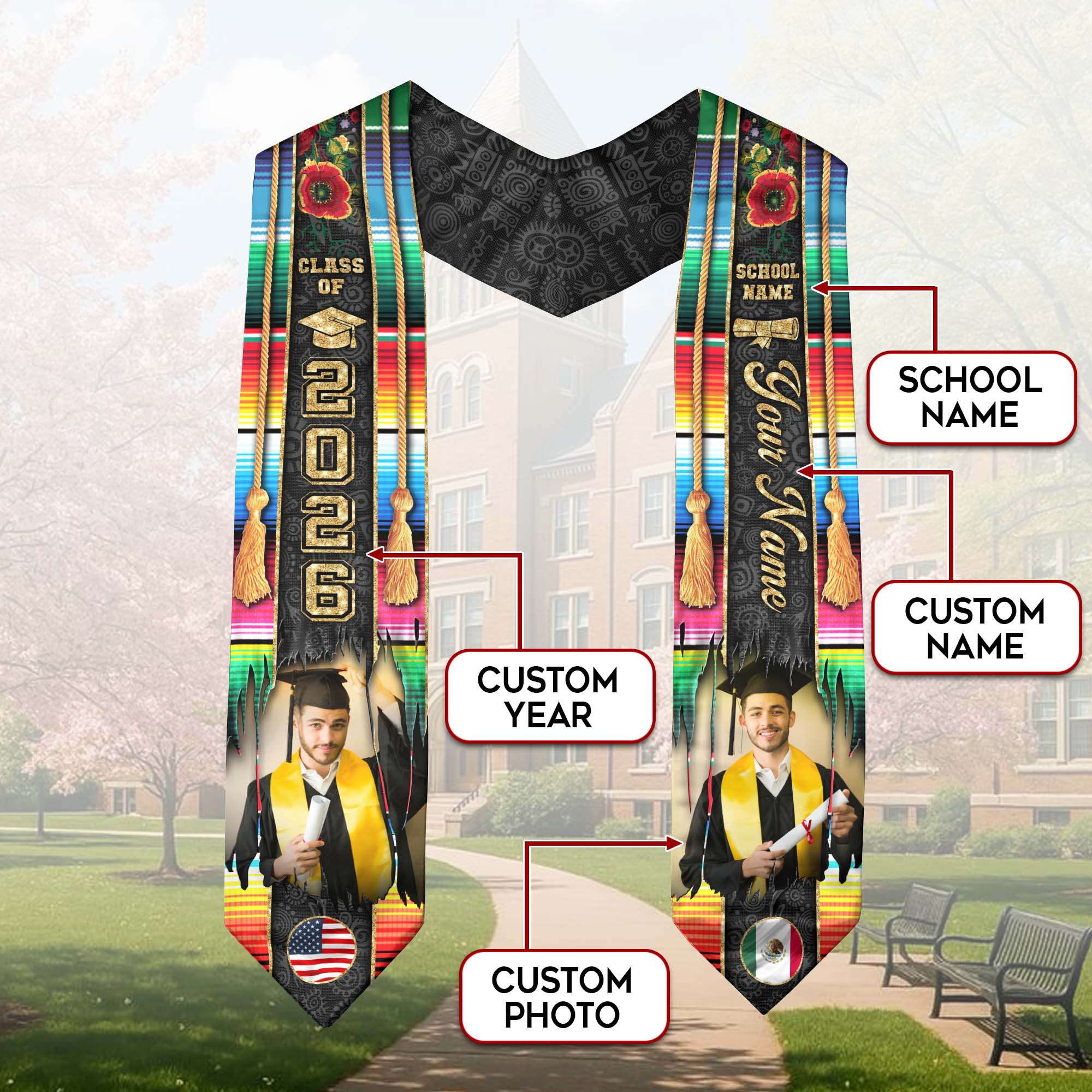 Mexican Graduation Sash 2026, Mexico Graduation Stole, Custom Touch Flag Sash for Grads