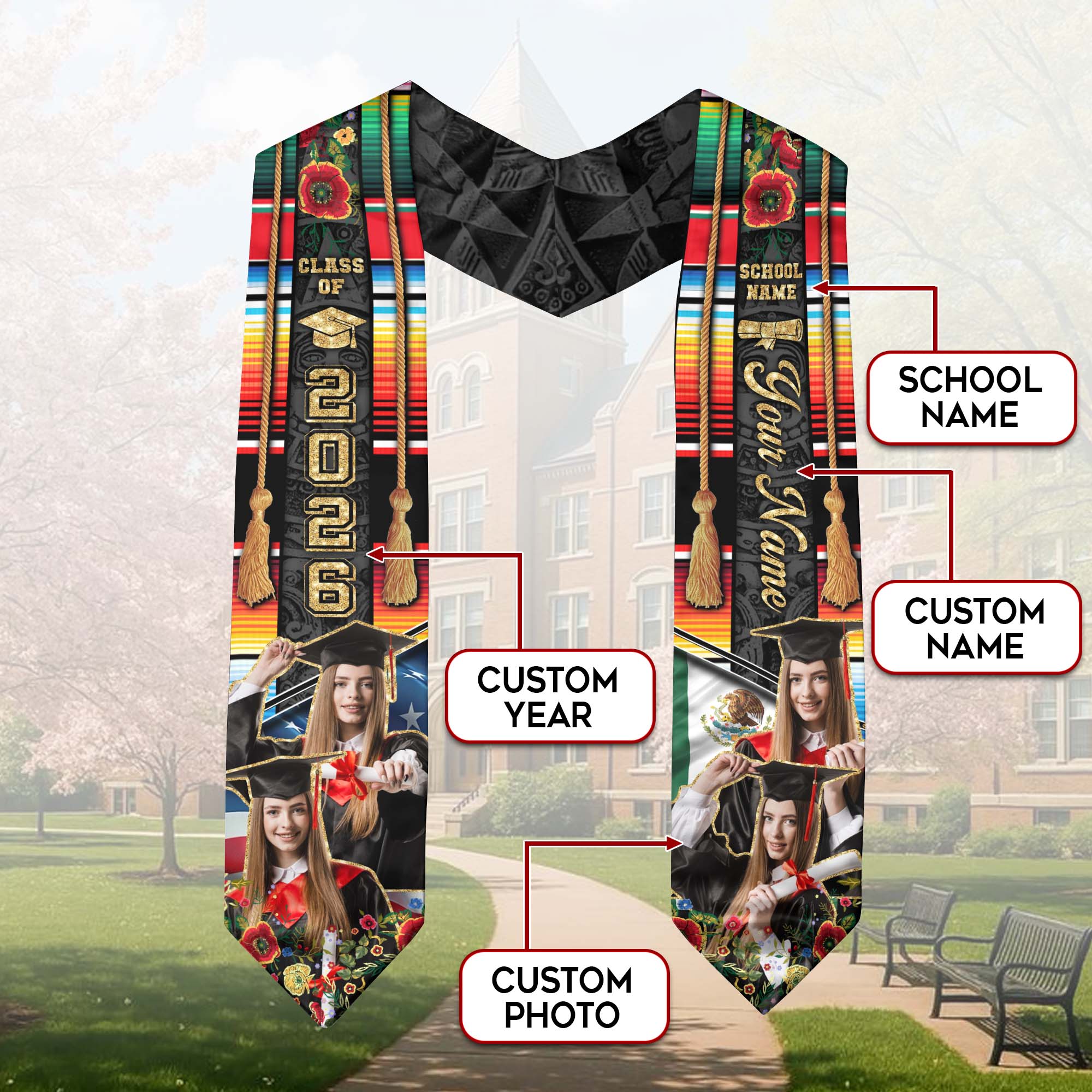 Mexican Flag Graduation Sash 2026, Mexico Graduation Stole, Custom Detail Option 2026