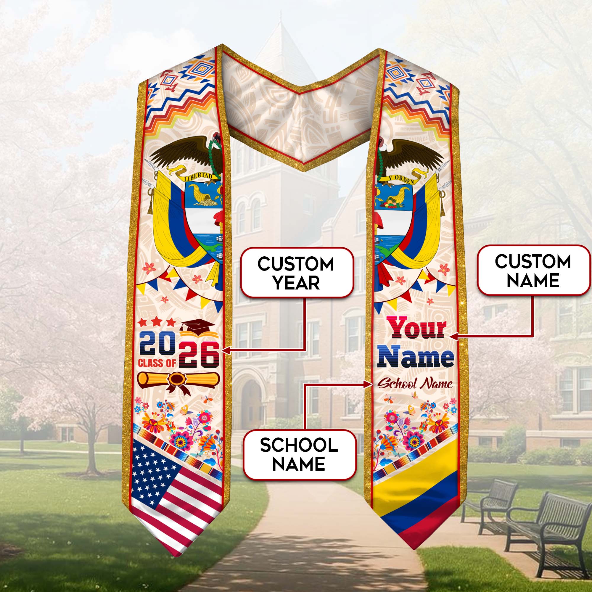 Colombia Graduation Stole 2026, Colombian Flag Sash, Custom Touch Option for Class of 2026