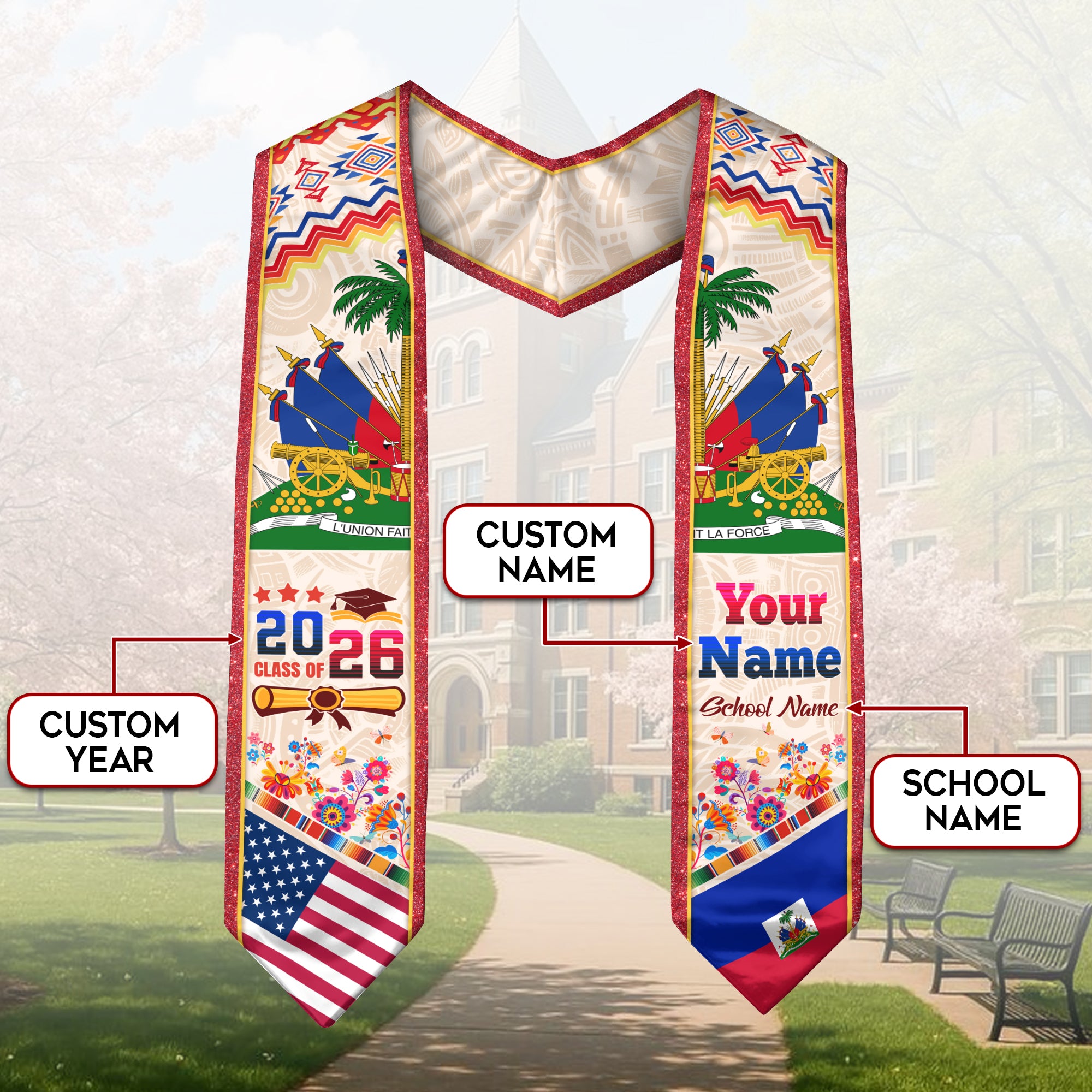 Haiti Graduation Stole 2026, Haitian Flag Sash, Custom Touch Option for Class of 2026