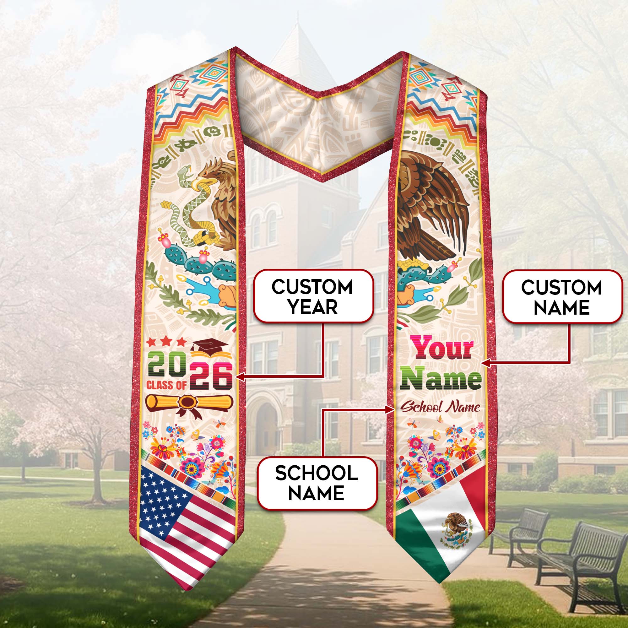 Mexico Graduation Stole 2026, Mexican Flag Sash, Custom Touch Option for Class of 2026