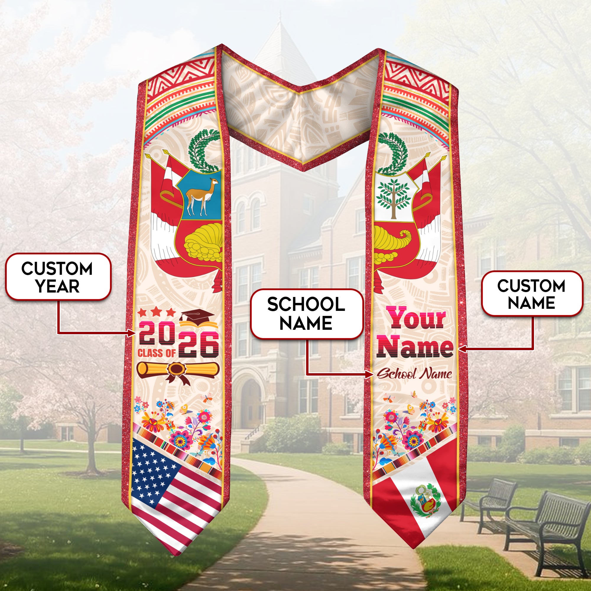 Peru Graduation Stole 2026, Peruvian Flag Sash, Tailored Detail for Class of 2026 Grads