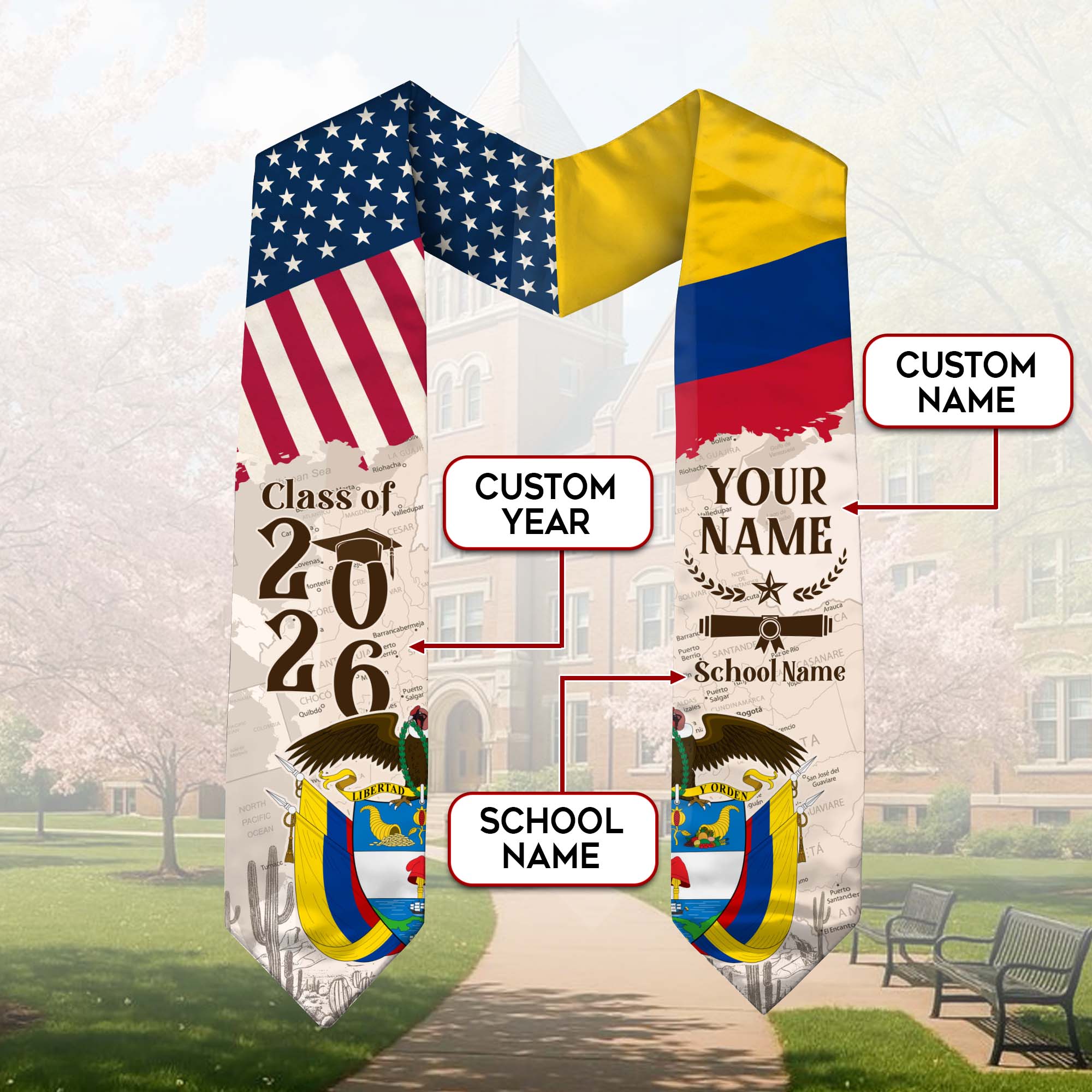 Colombian Flag Graduation Sash 2026, Colombia Graduation Stole, Custom Detail for Grads