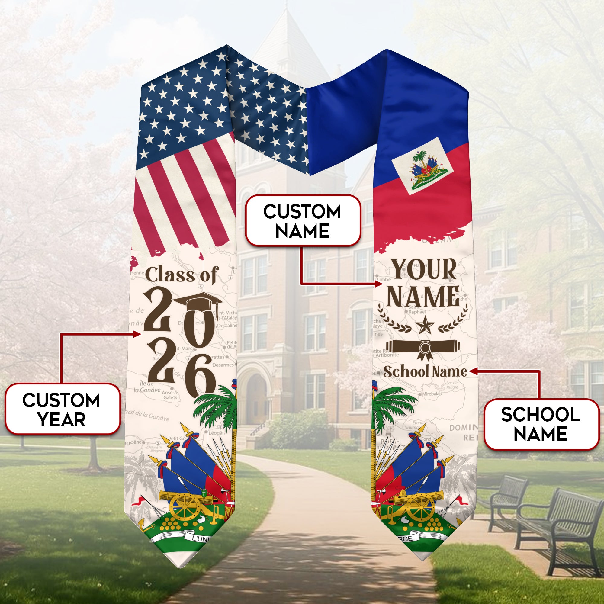 Haitian Flag Graduation Sash 2026, Haiti Graduation Stole, Custom Detail for Grads