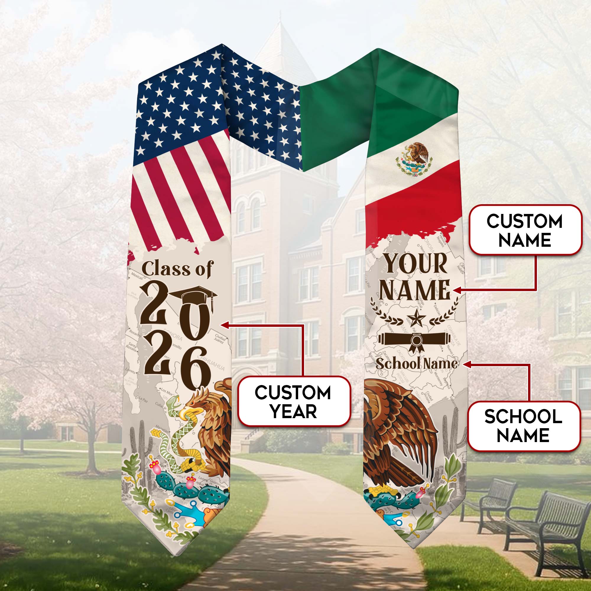 Mexican Flag Graduation Sash 2026, Mexico Graduation Stole, Custom Detail for Graduates