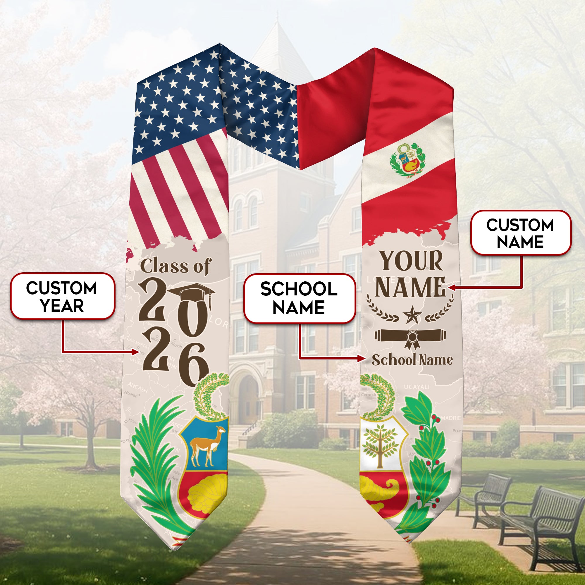 Peruvian Flag Graduation Sash 2026, Peru Stole, Signature Custom Finish for Graduates