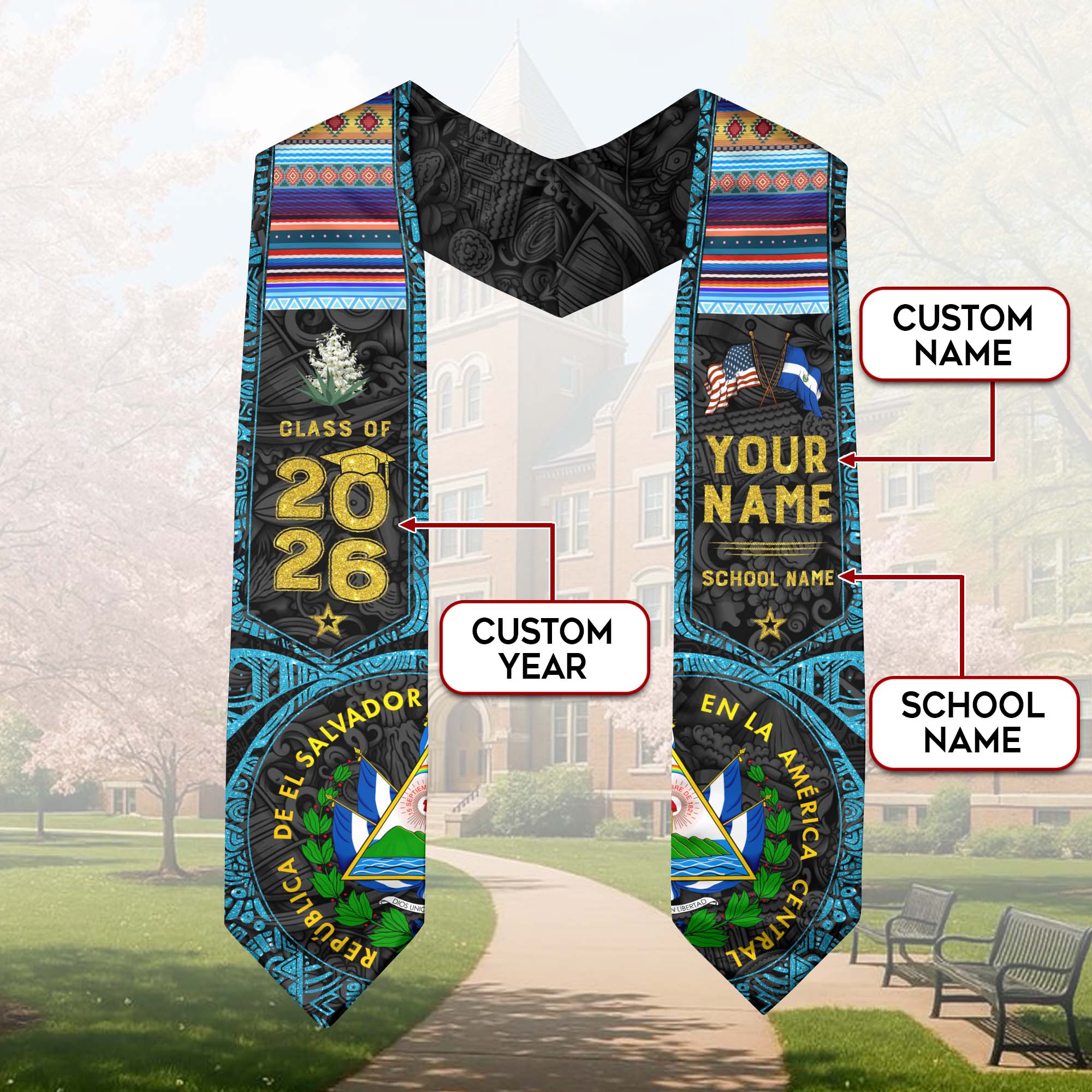 El Salvador Graduation Sash 2026, Salvadoran Flag Graduation Stole, Personalized Detail