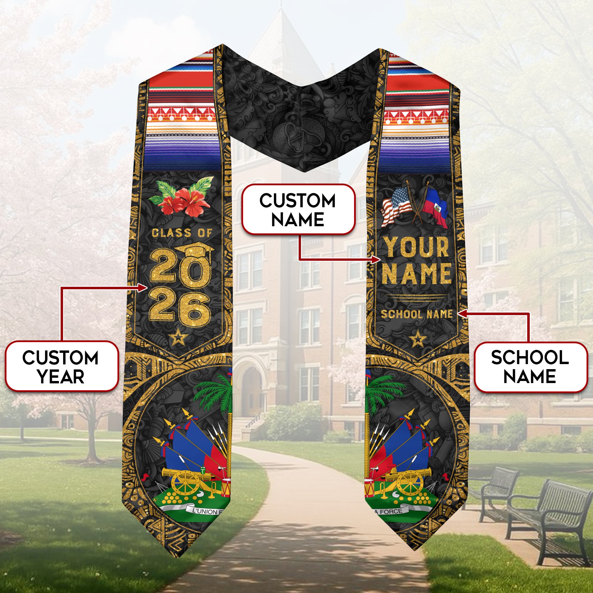 Haiti Graduation Sash 2026, Haitian Flag Graduation Stole, Custom Accent for 2026