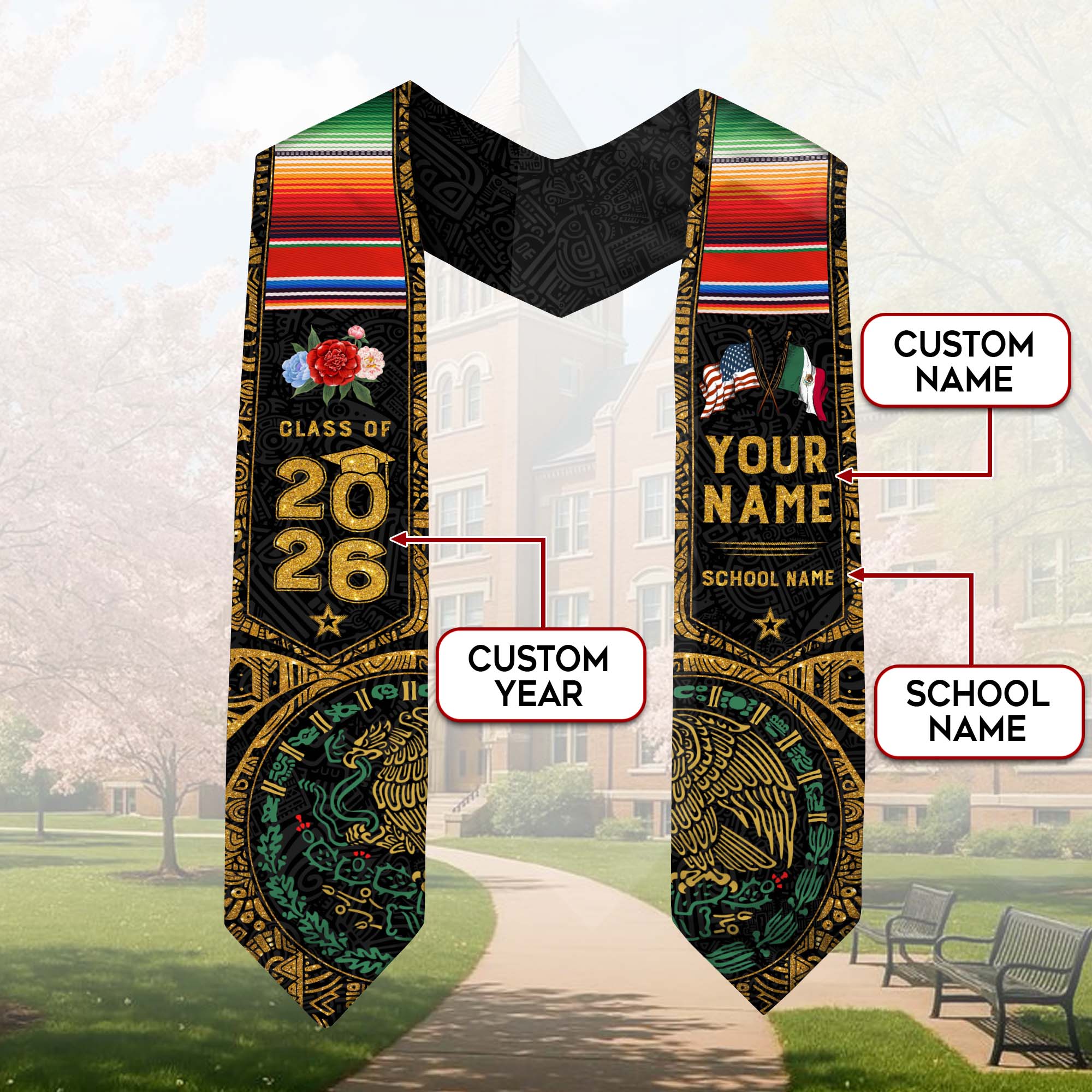 Mexico Graduation Sash 2026, Mexican Flag Graduation Stole, Custom Accent for 2026 Grads