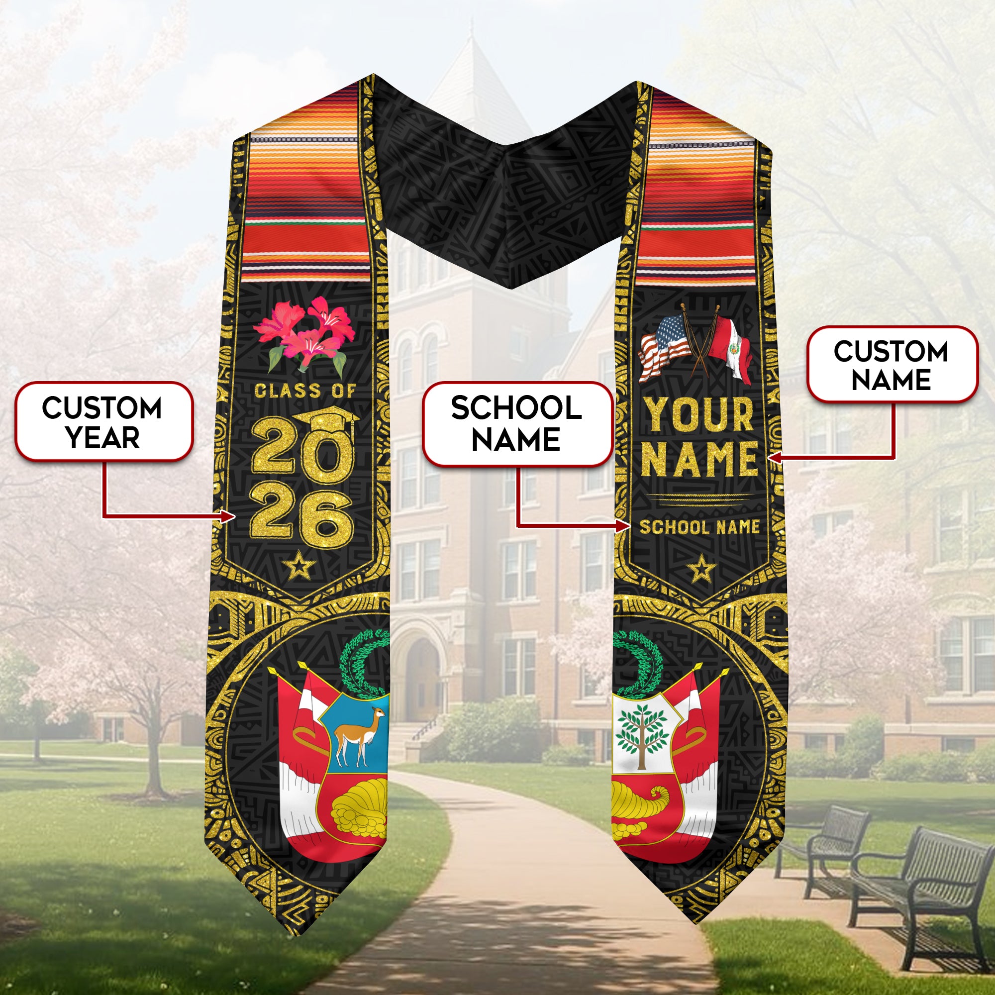 Class of 2026 Peru Graduation Sash, Peruvian Flag Stole, Custom-Ready Graduation Style