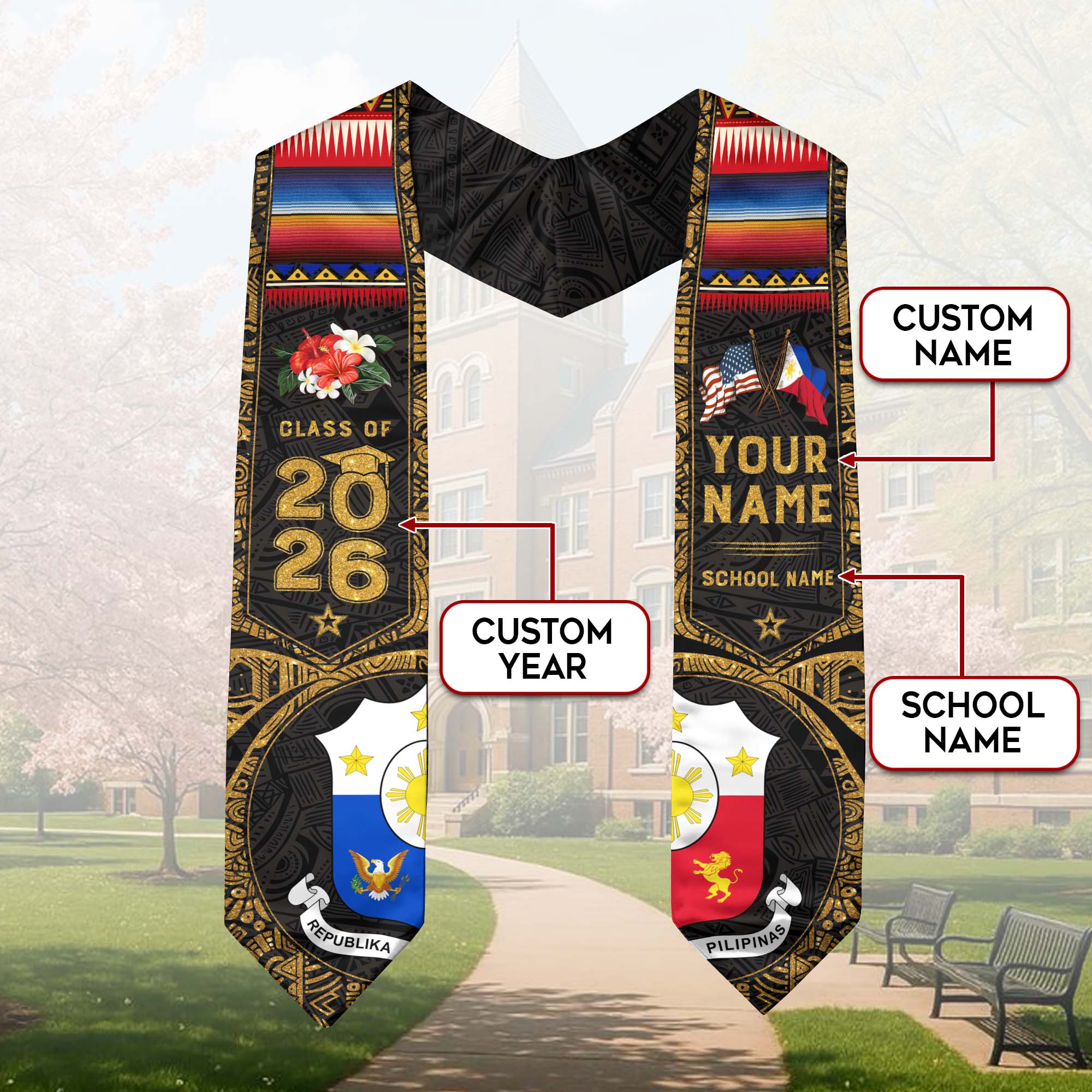 Philippines Graduation Stole 2026, Filipino Flag Sash, Tailored Detail for Class of 2026