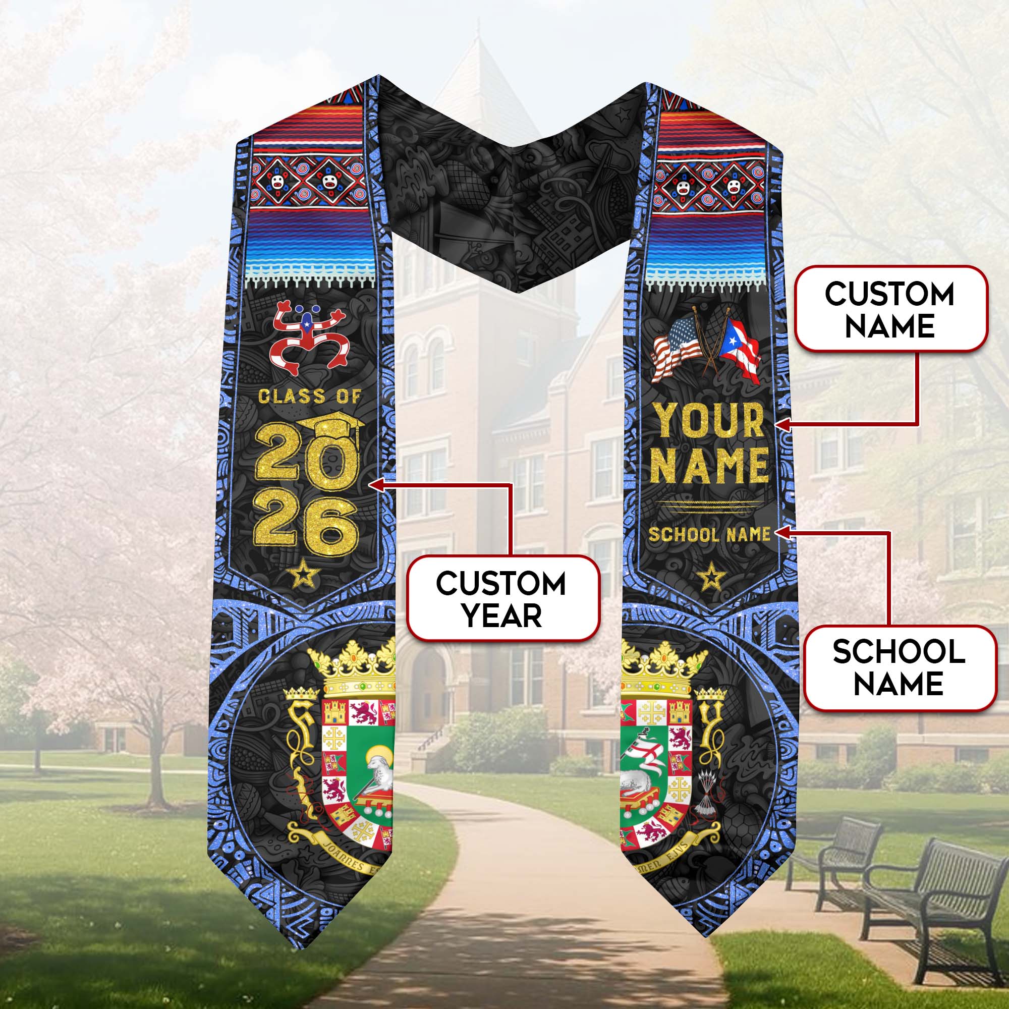 Puerto Rican Graduation Sash 2026, Puerto Rico Flag Graduation Stole, Personalized Detail