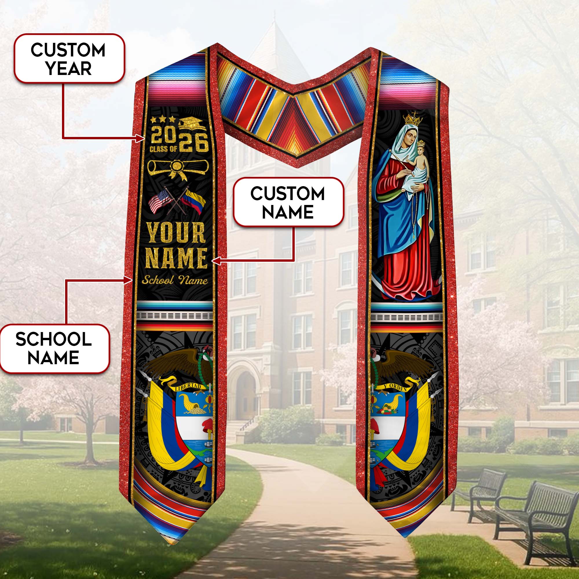 Colombian Flag Graduation Stole 2026, Colombia Stole Sash, Custom Finish for Graduates