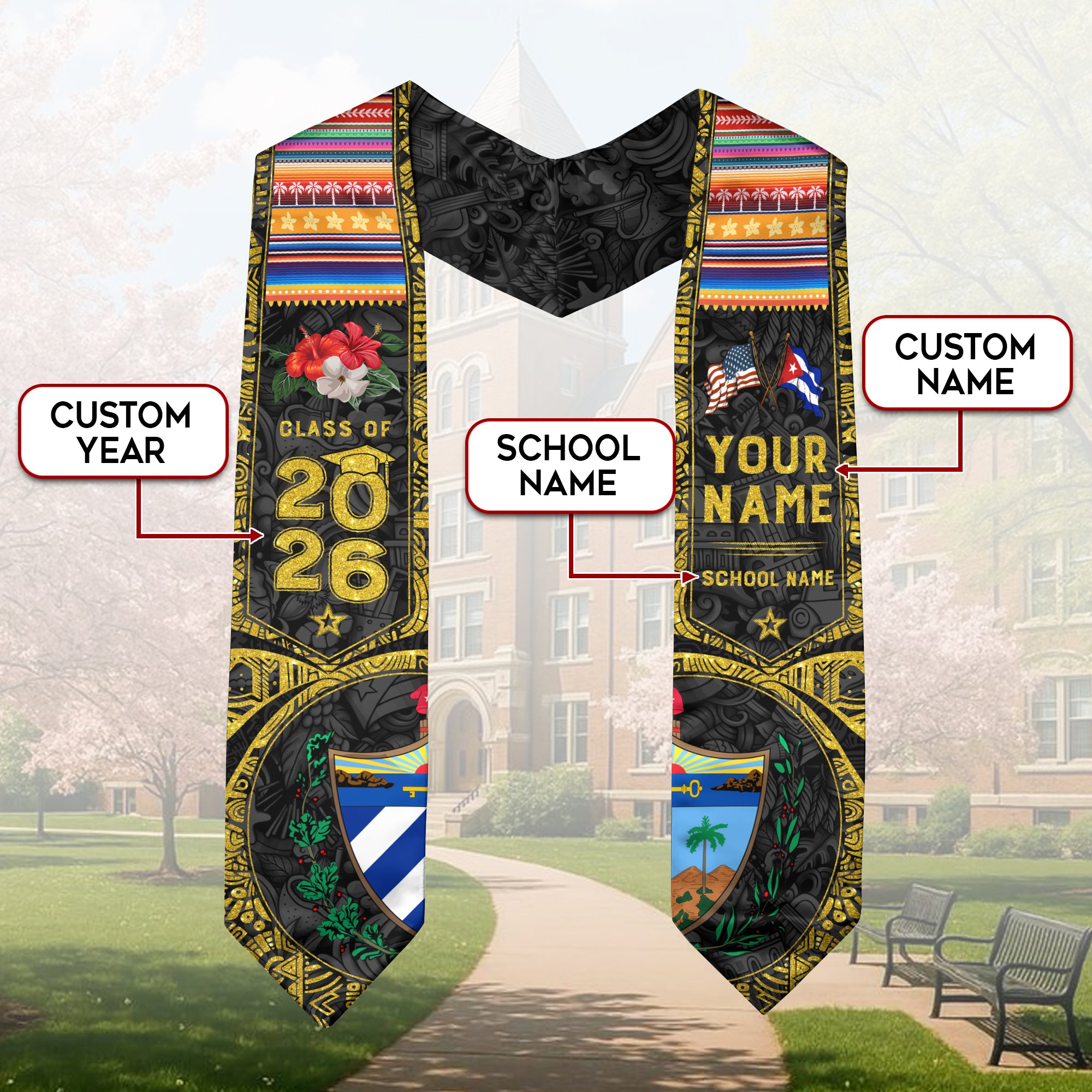 Cuban Graduation Sash 2026, Cuba Flag Graduation Stole, Personalized Detail for Grads