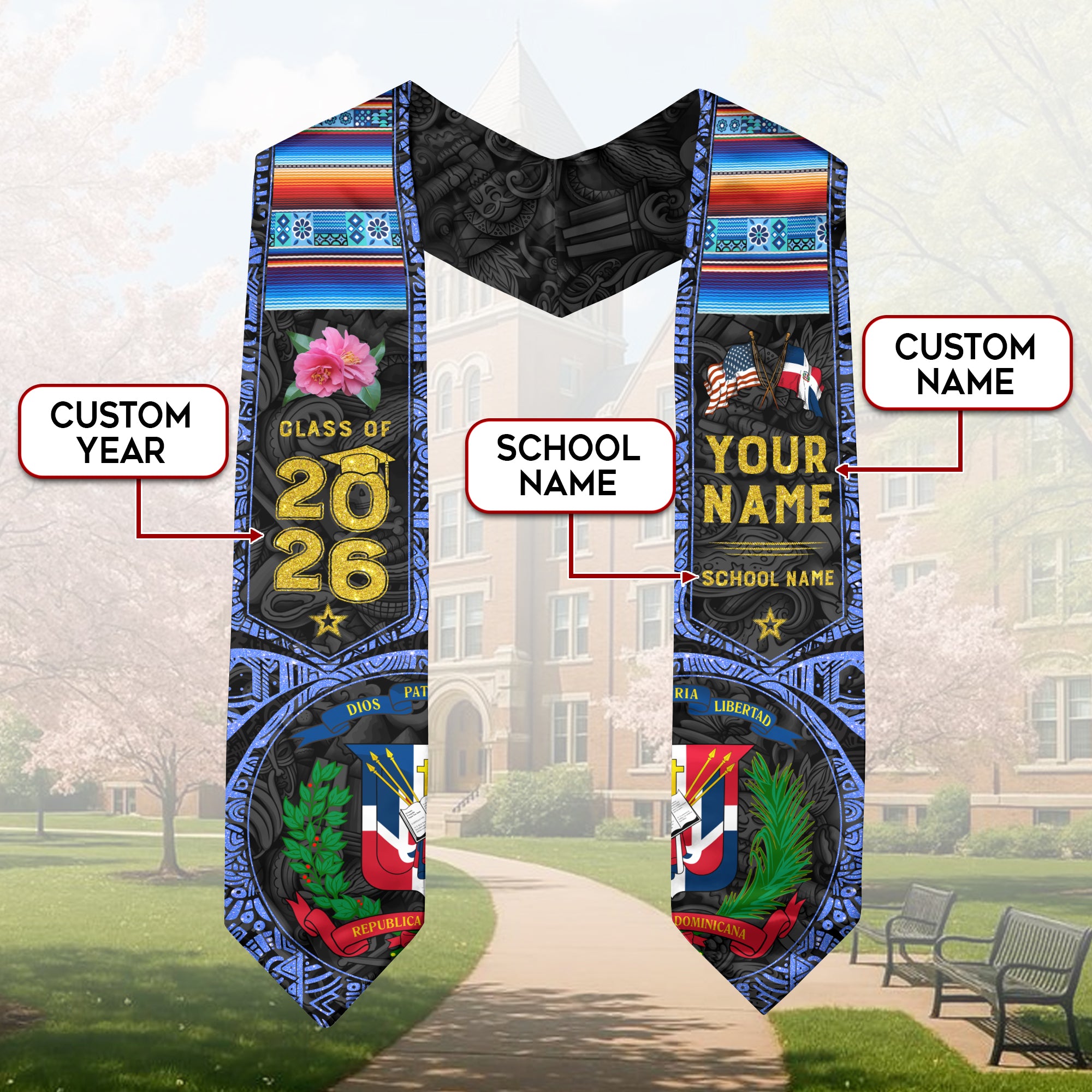 Dominican Graduation Sash 2026, Dominican Flag Graduation Stole, Personalized Detail