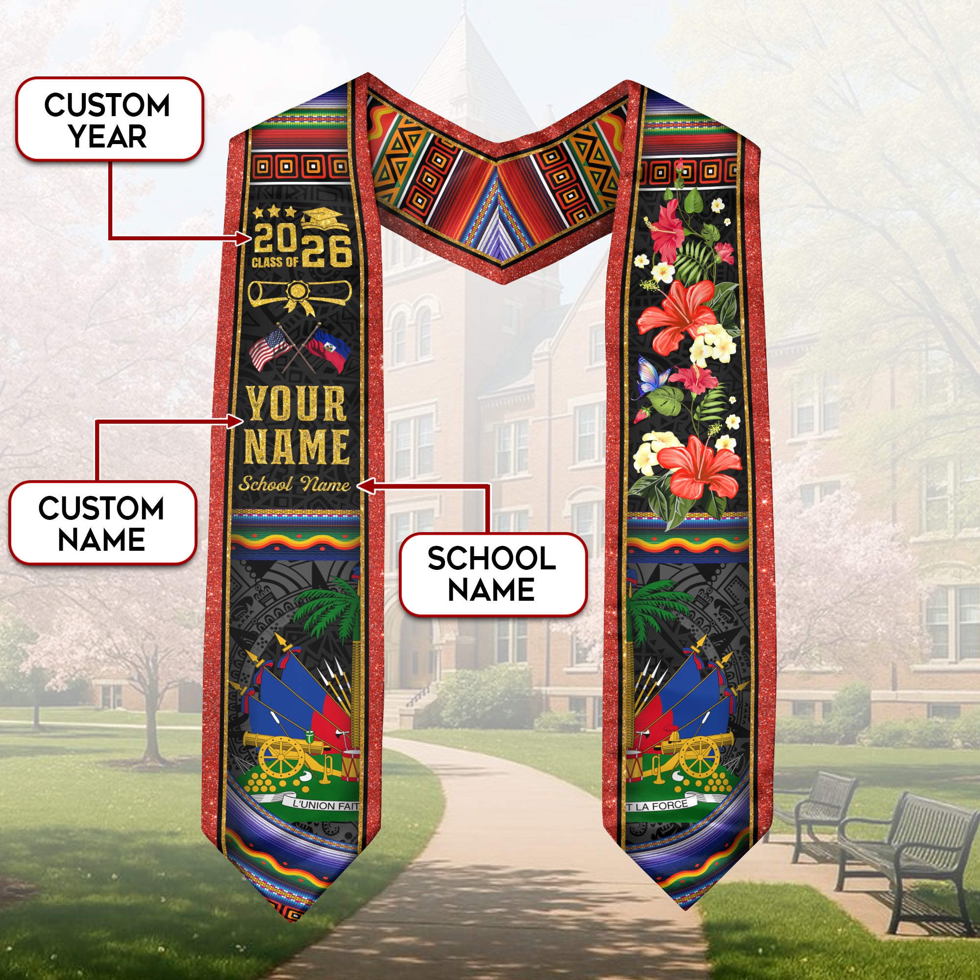Haitian Flag Graduation Stole 2026, Haiti Stole Sash, Custom Finish for Graduates