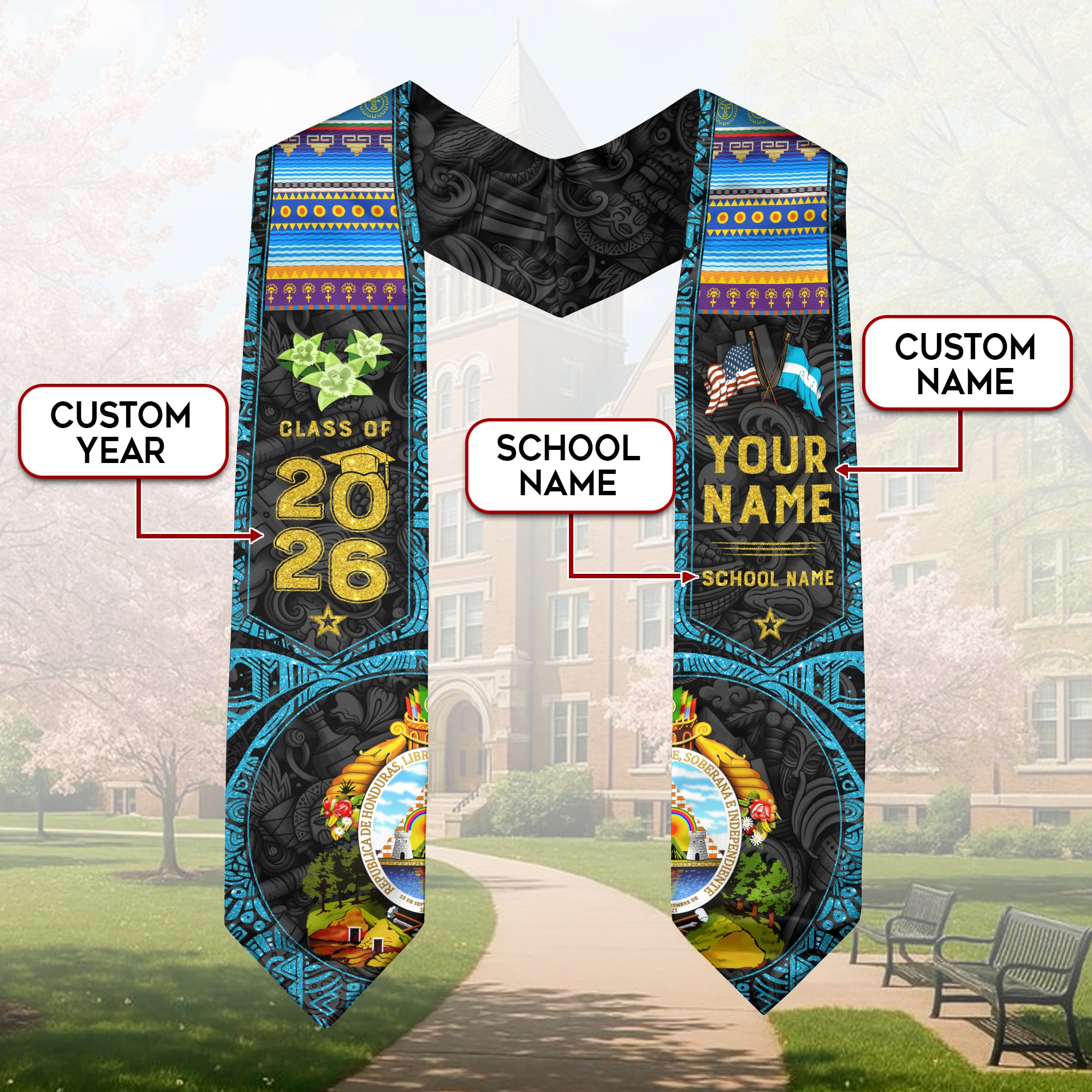 Honduras Graduation Sash 2026, Honduran Flag Graduation Stole, Personalized Detail