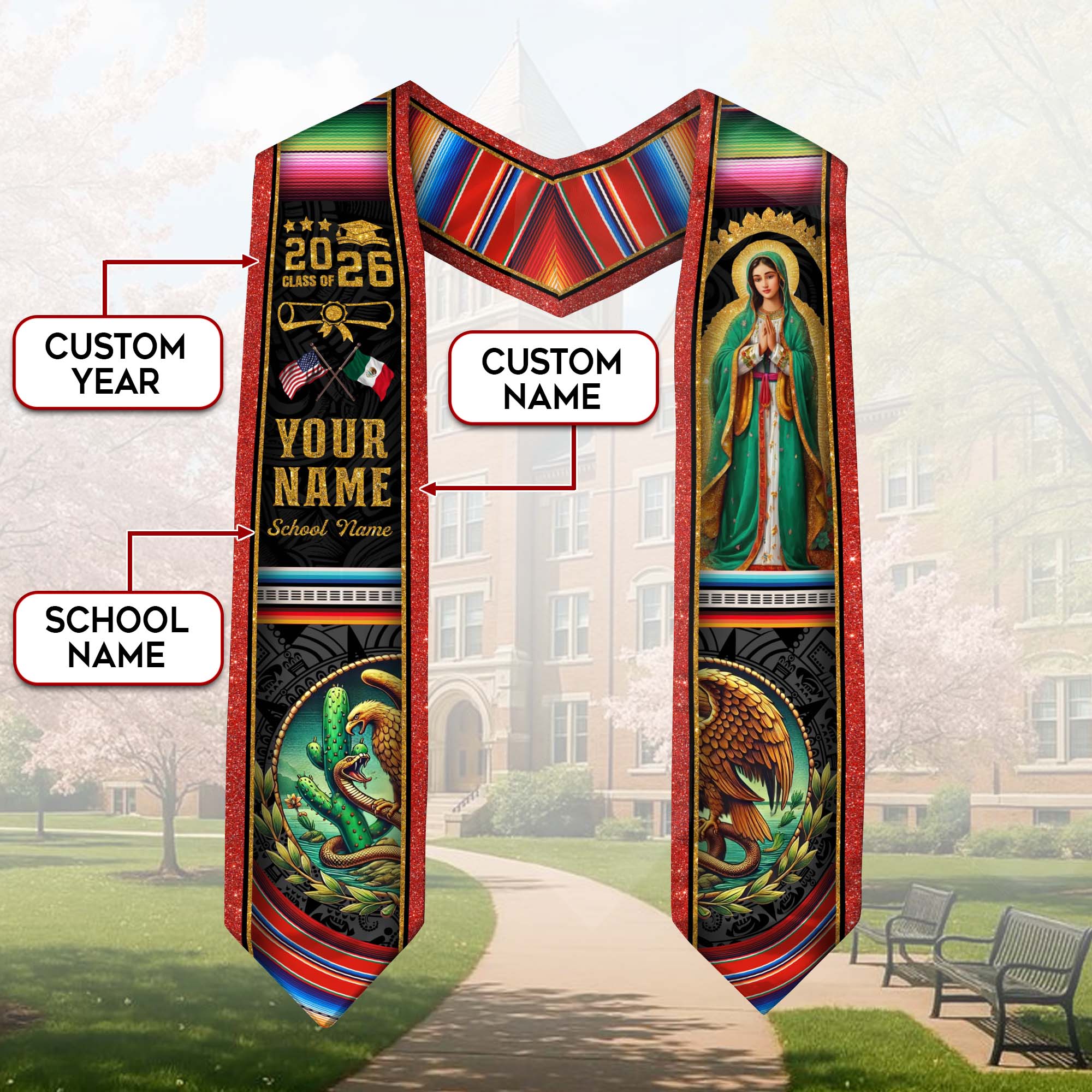 Mexican Flag Graduation Stole 2026, Mexico Stole Sash, Custom Finish for Graduates 2026