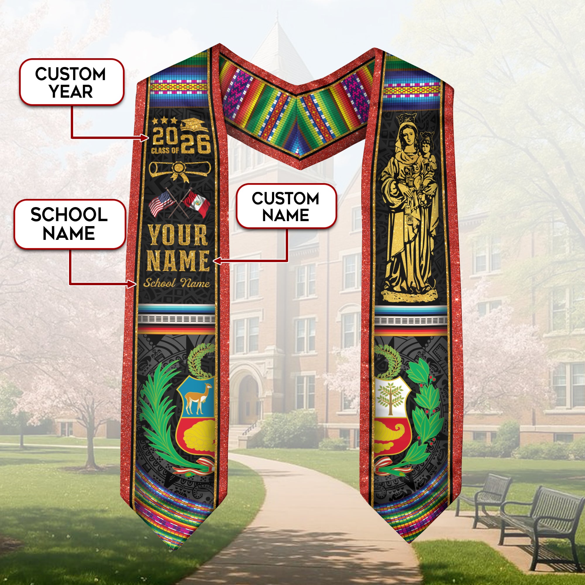 Peruvian Graduation Stole 2026, Peru Flag Sash, Graduation Stole with Custom Details