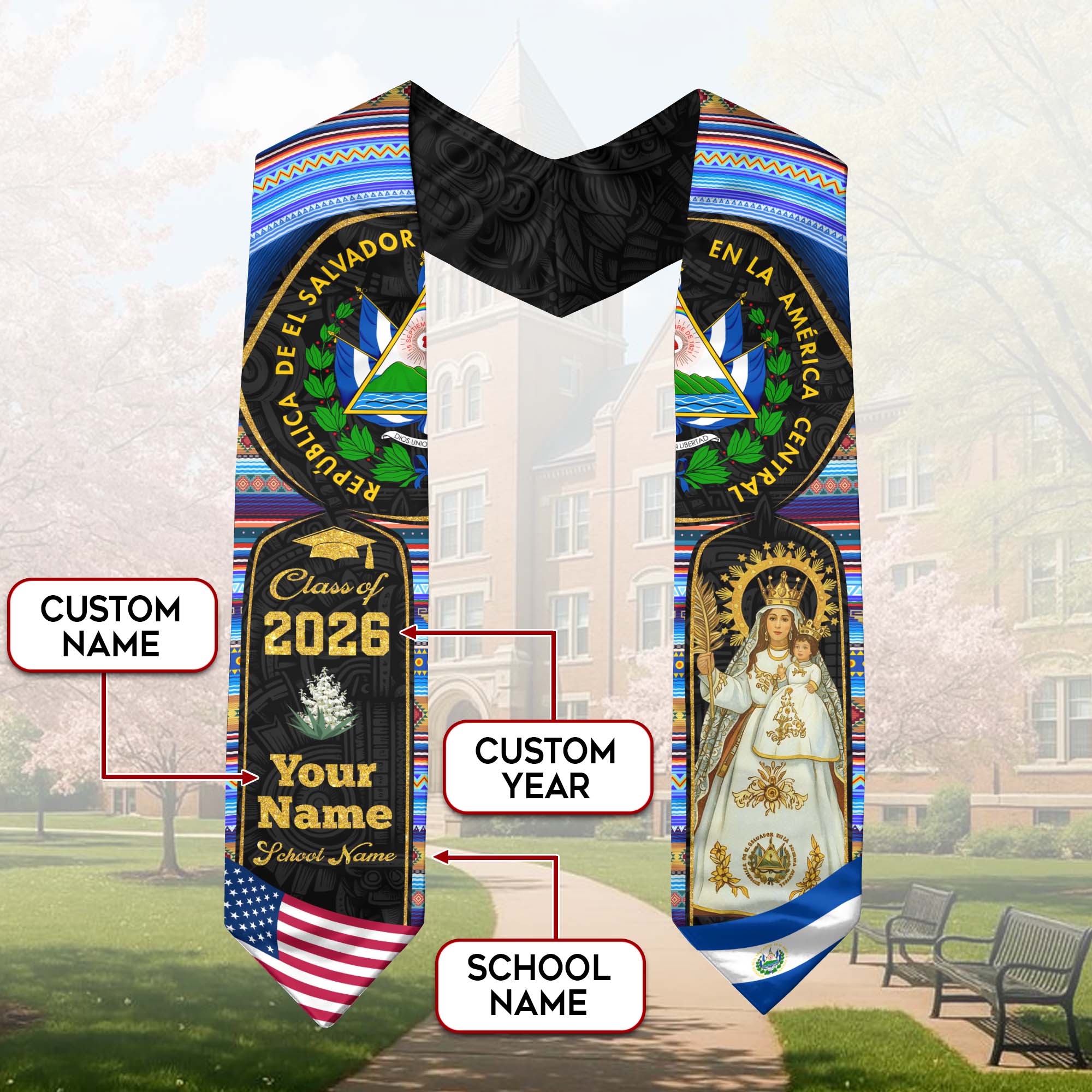 El Salvador Graduation Stole 2026, Salvadoran Flag Sash, Custom-Ready Style for 2026
