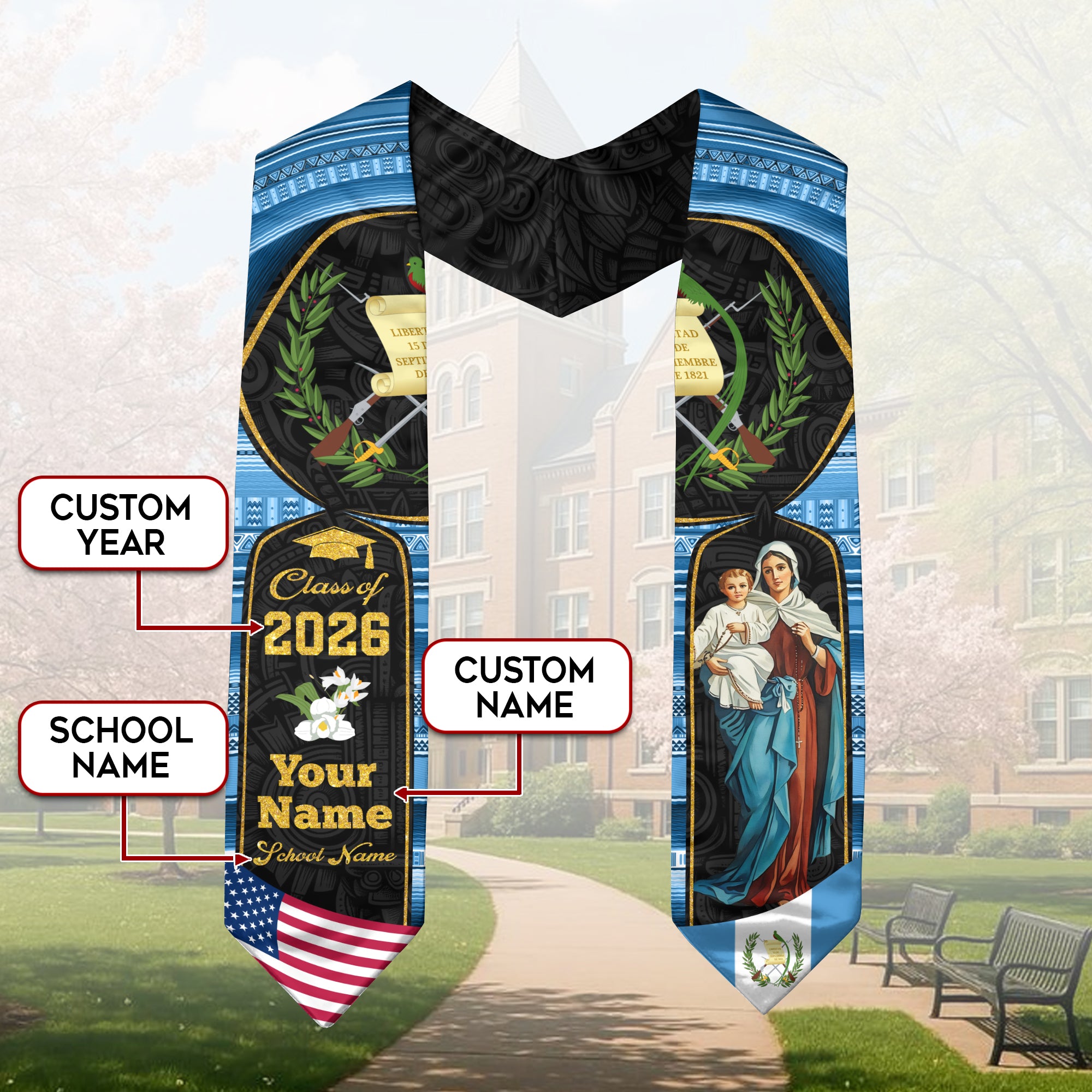 Guatemalan Graduation Stole 2026, Guatemala Flag Sash, Signature Finish for Class of 2026