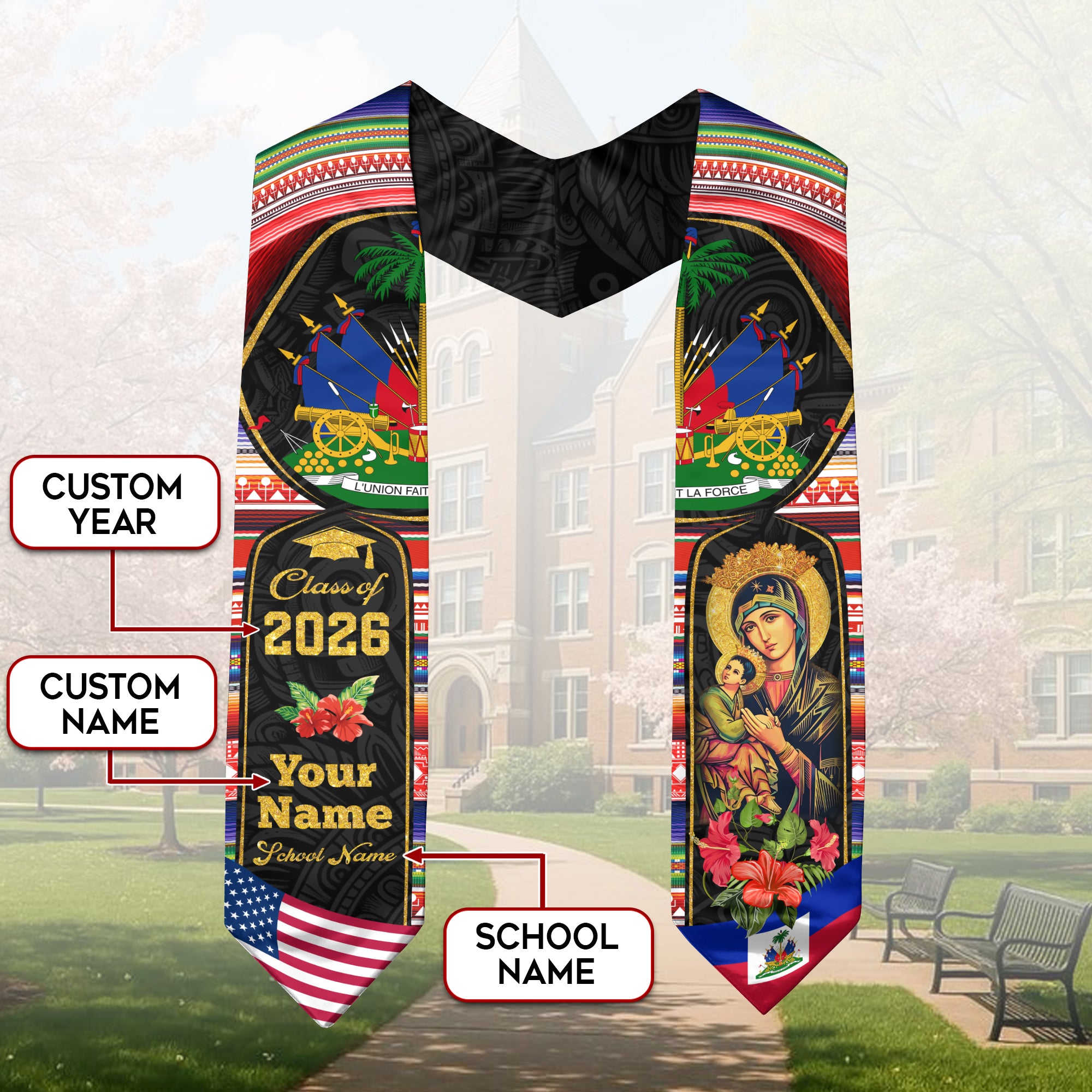 Haitian Graduation Stole 2026, Haiti Flag Sash, Custom Detail Choice for Class of 2026
