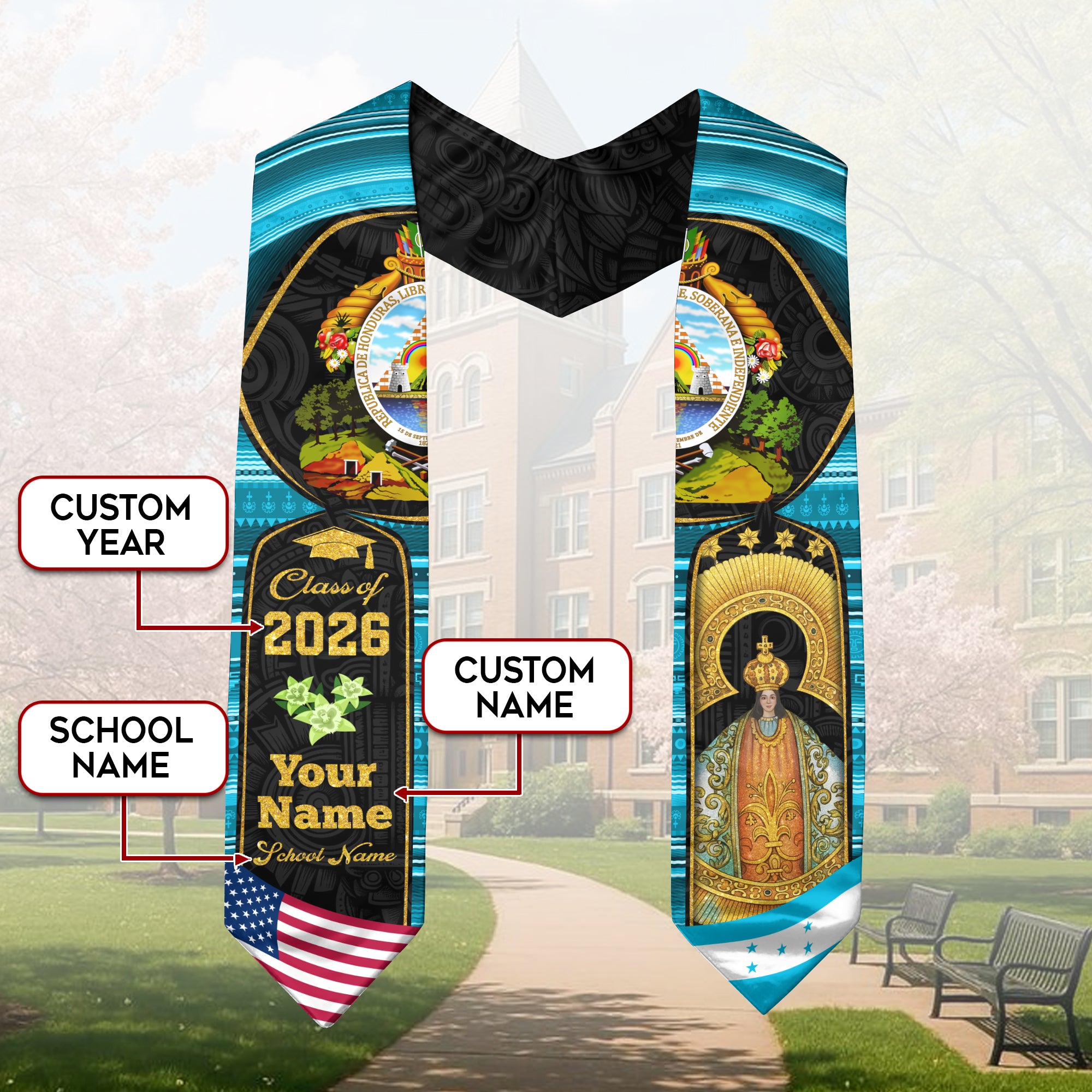 Honduras Graduation Stole 2026, Honduran Flag Sash, Custom-Ready Style for 2026